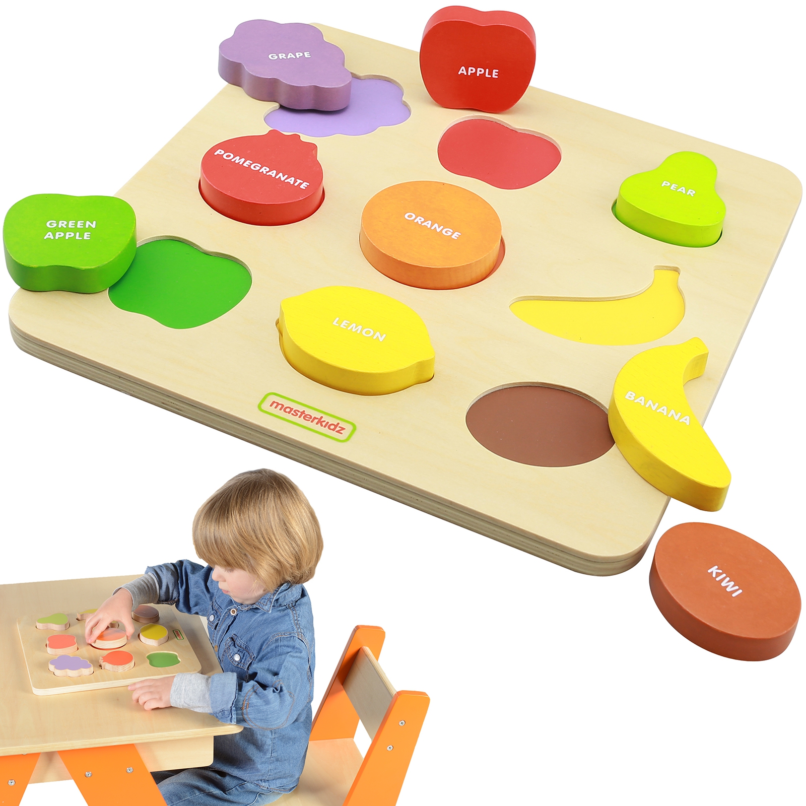 Drewniany sorter kształtów kolorowe owoce montessori