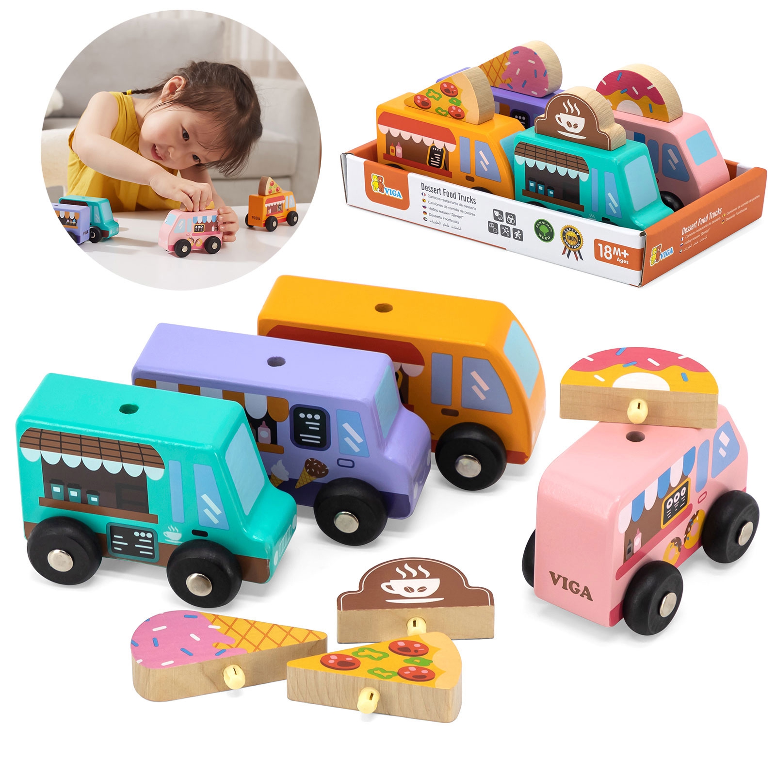 Drewniany zestaw food trucki pojazdy cukierni 4 autka