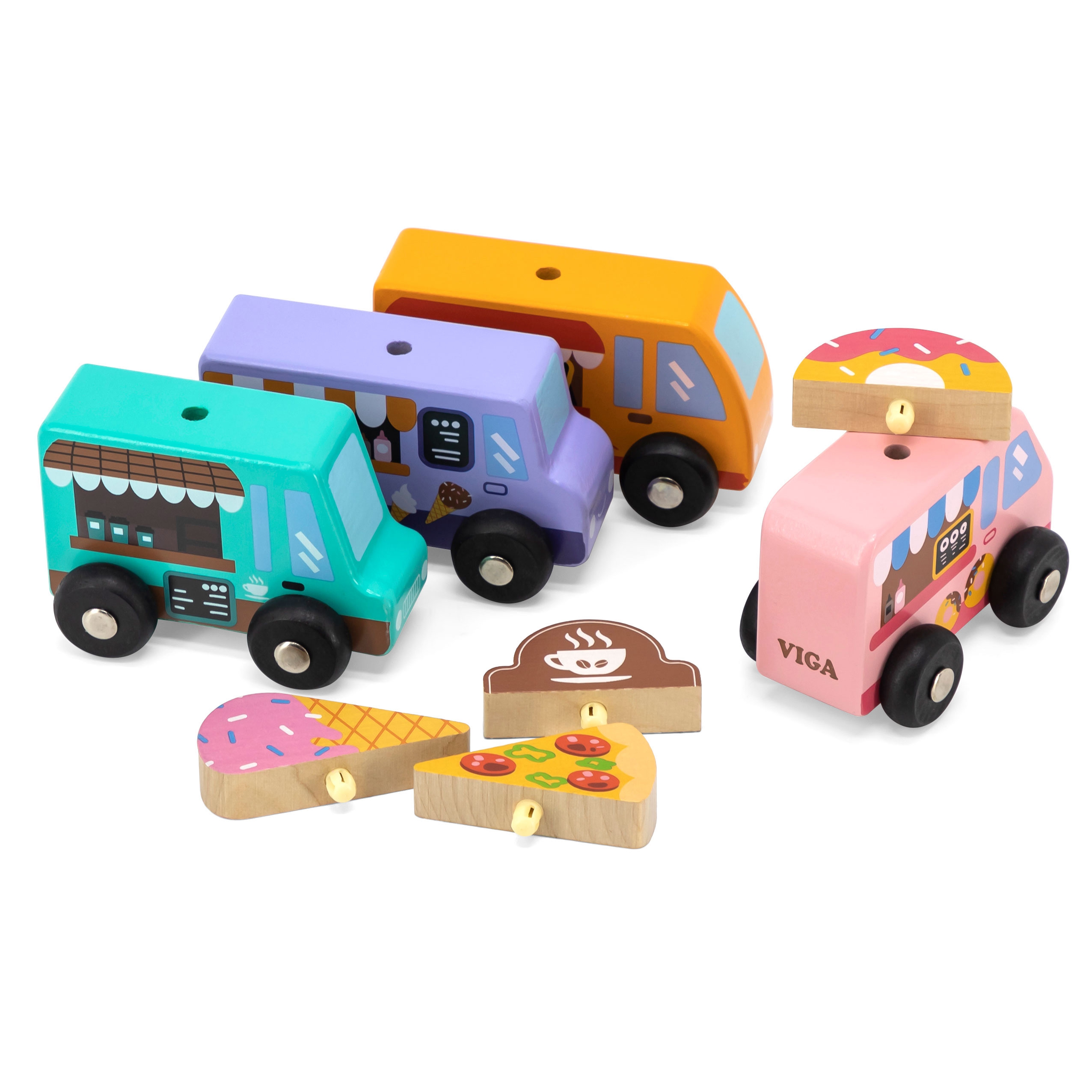 Drewniany zestaw food trucki pojazdy cukierni 4 autka
