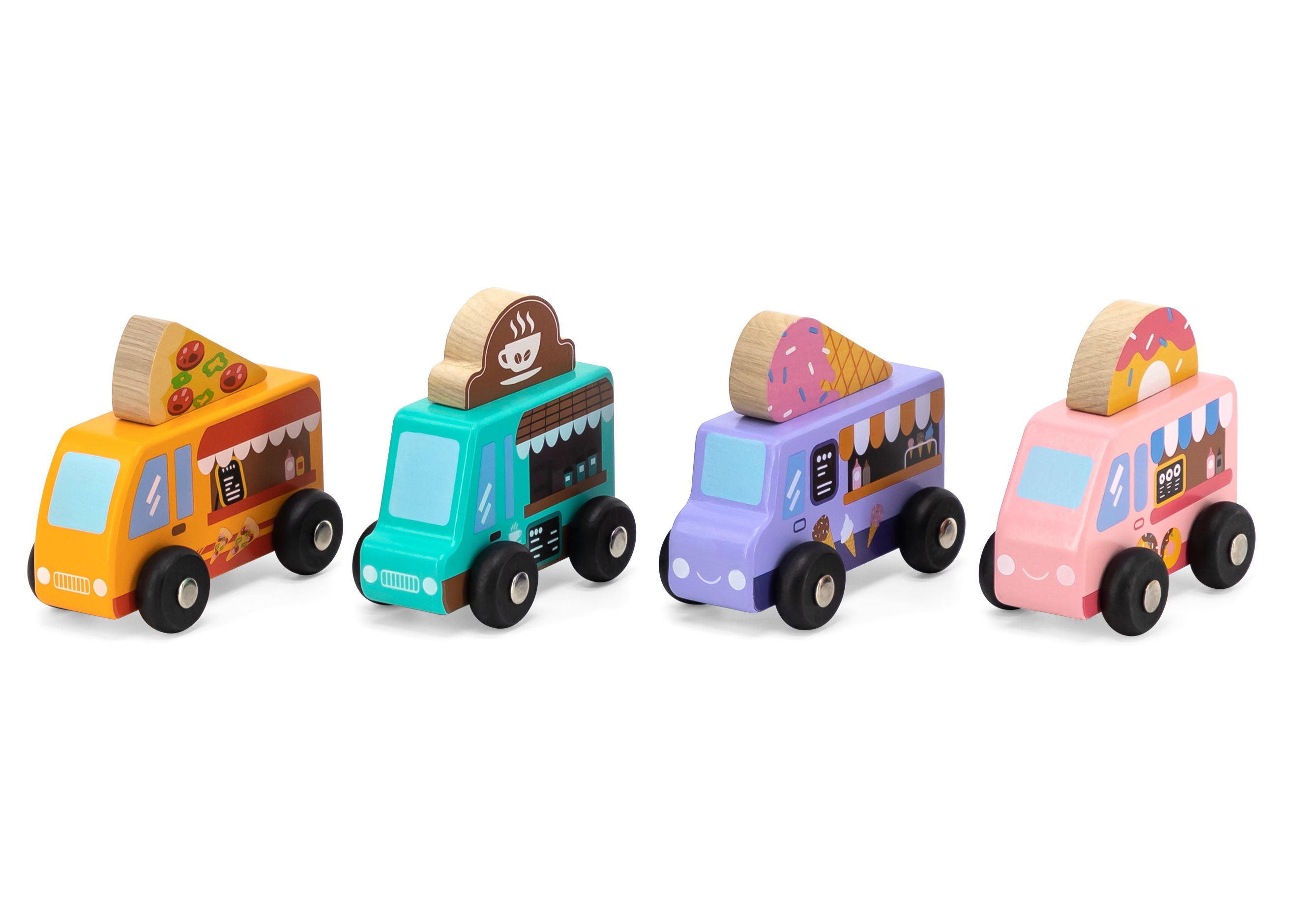 Drewniany zestaw food trucki pojazdy cukierni 4 autka