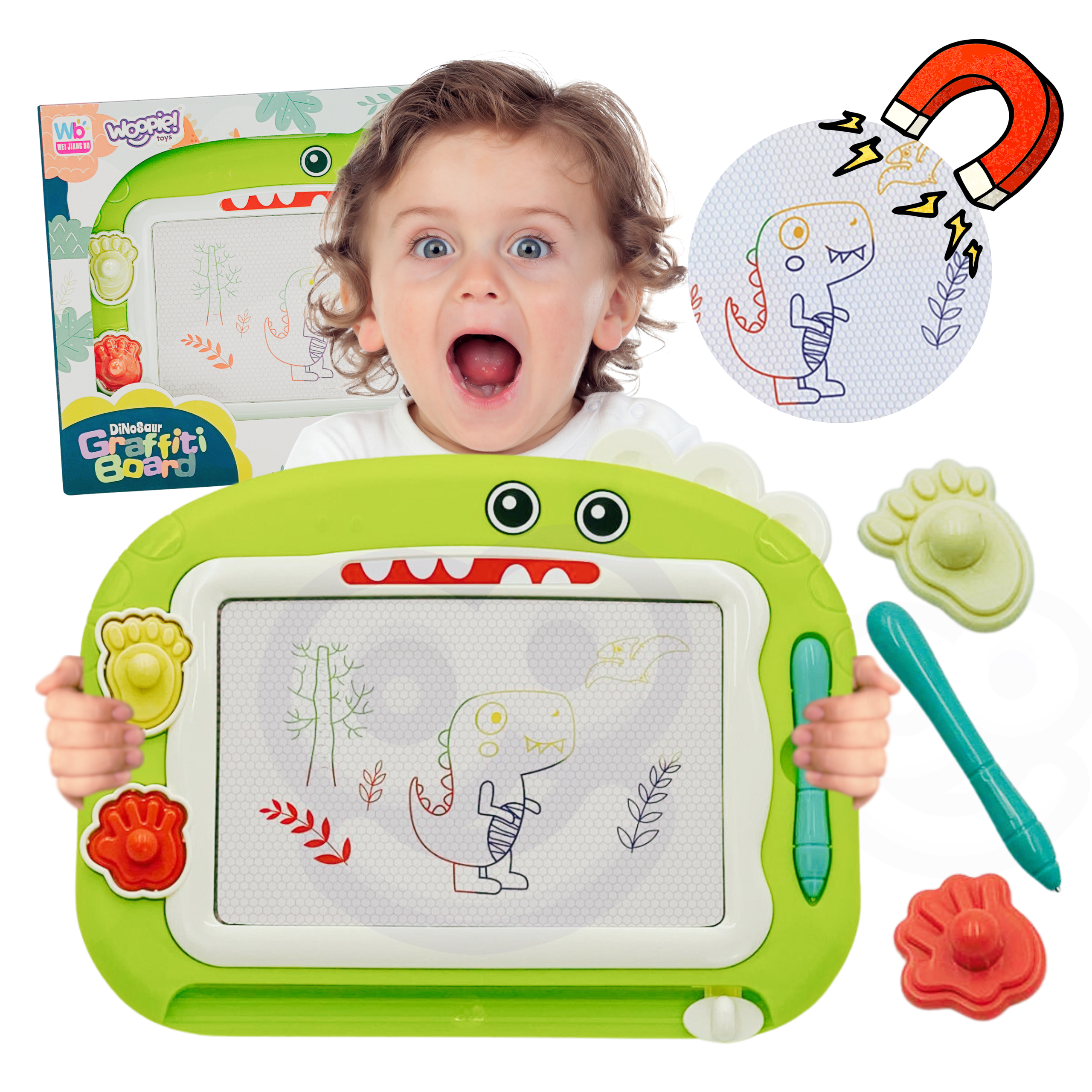 Znikopis tablica magnetyczna kolorowa + 2 stempelki dinozaur