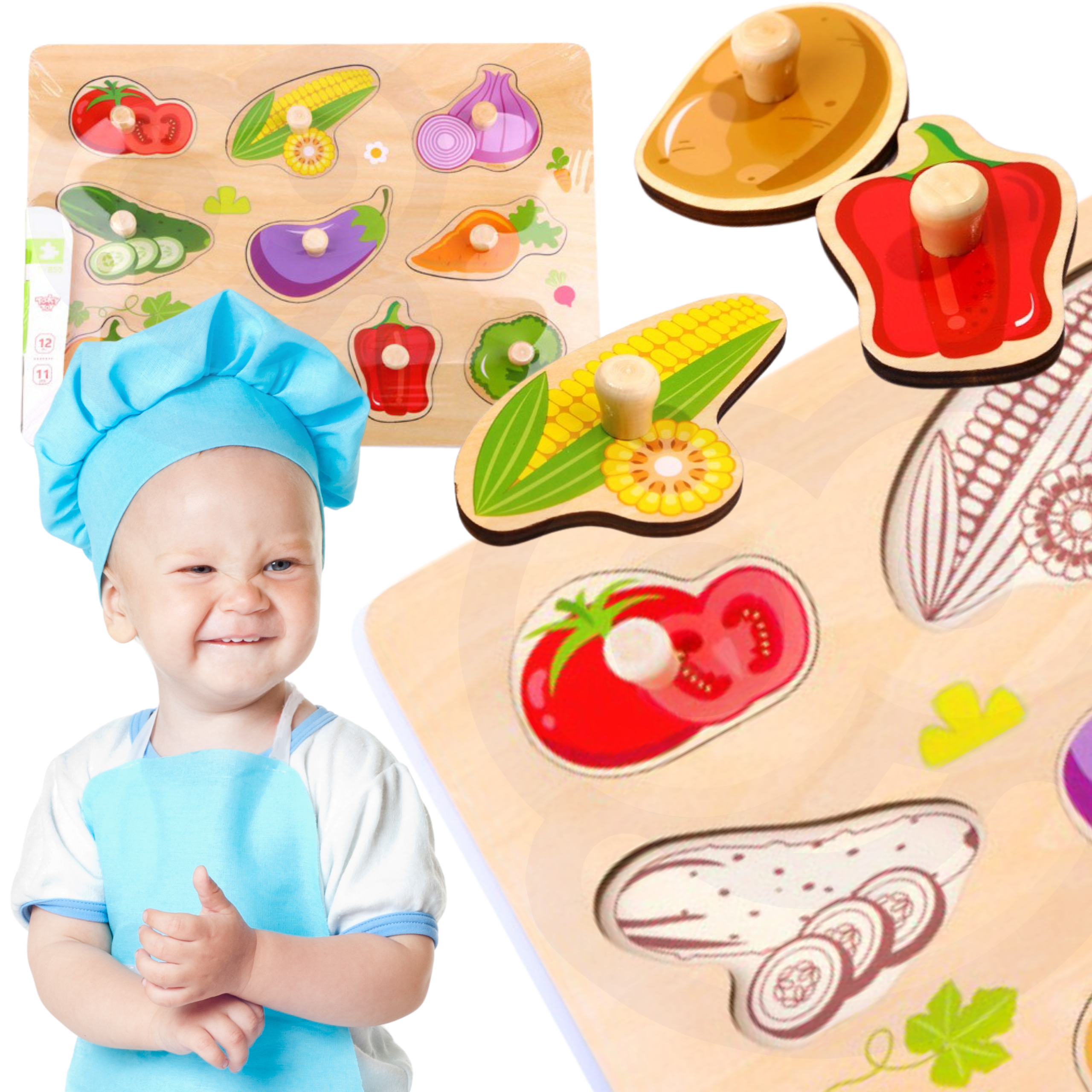 TOOKY TOY Puzzle Drewniana Układanka Montessori Z Pinezkami Warzywa