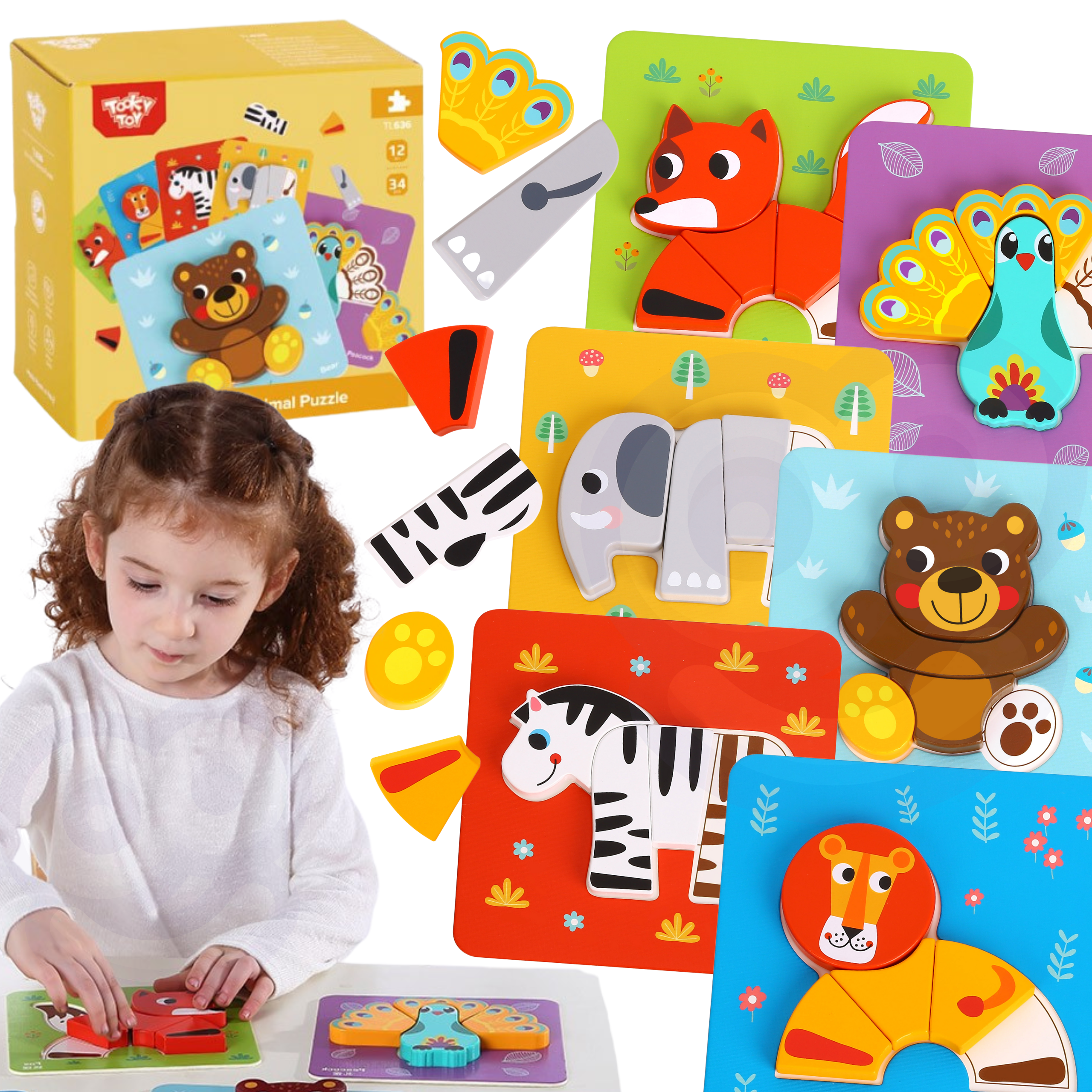 TOOKY TOY Drewniane Klocki Układanka Montessori Puzzle Zestaw 34 El. + 6 Planszy