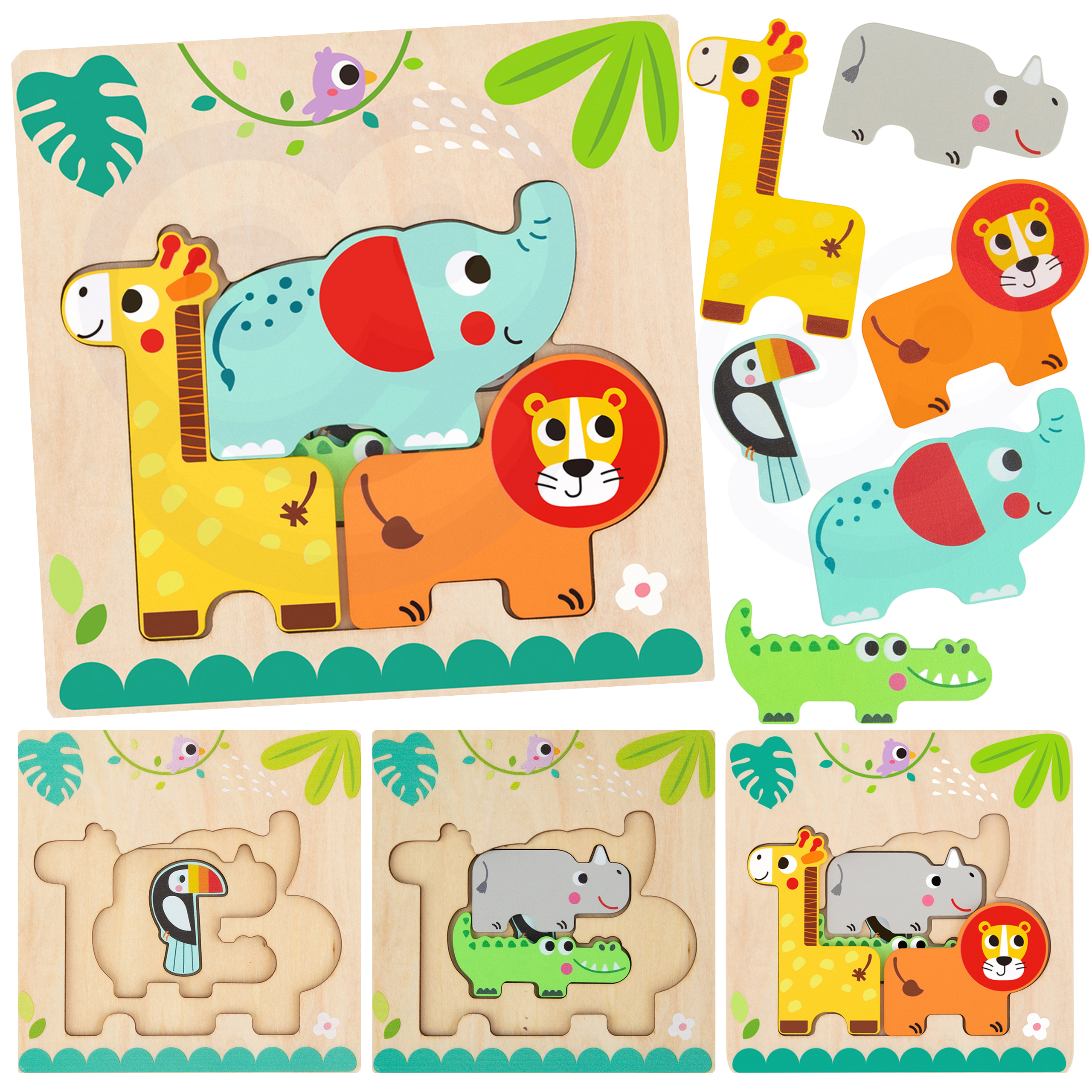 Drewniane puzzle montessori wielowarstwowe tablica zwierzątka leśne 7 el.