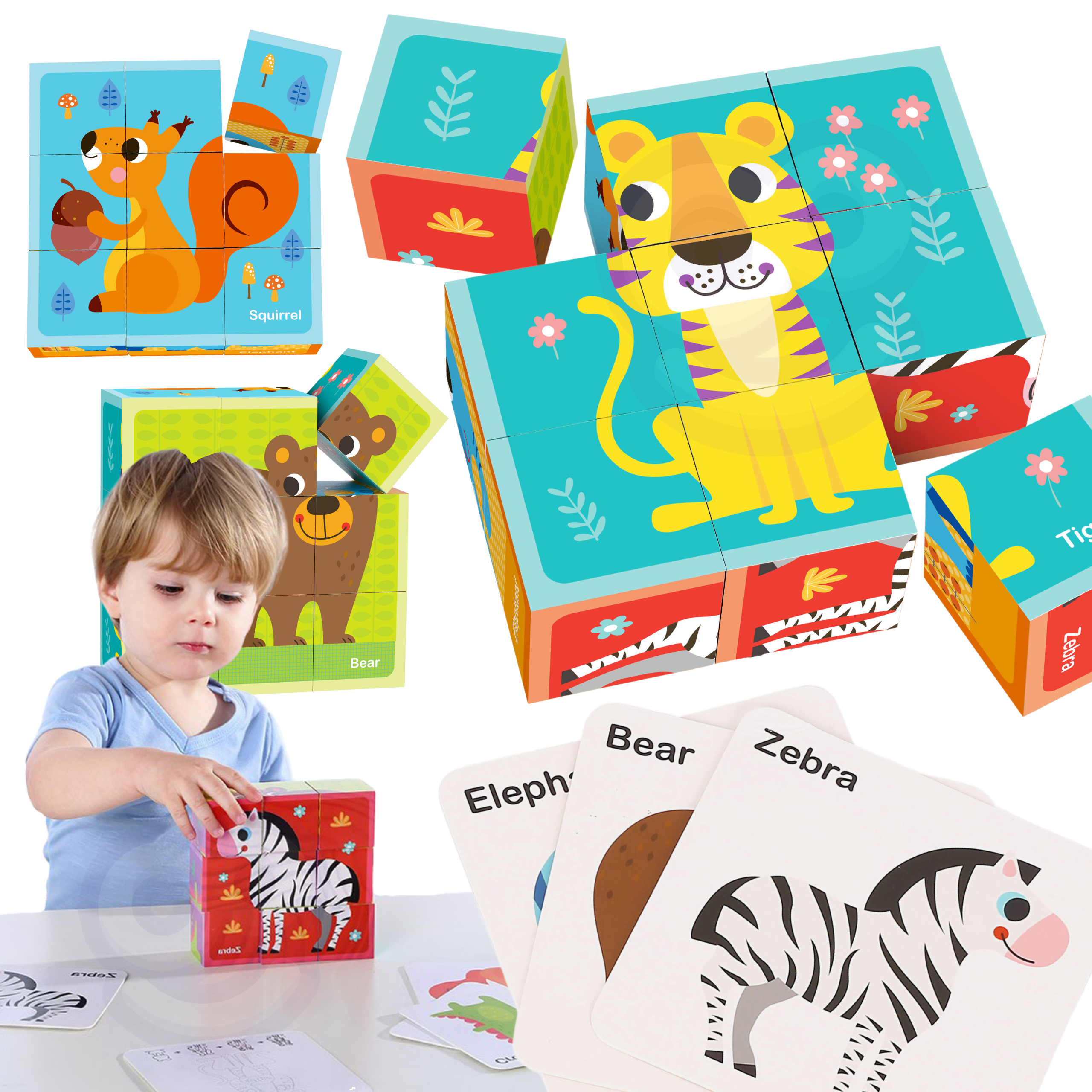 TOOKY TOY Układanka Montessori Bloki Kostki Sześciany Puzzle Zwierzęta + wzorniki