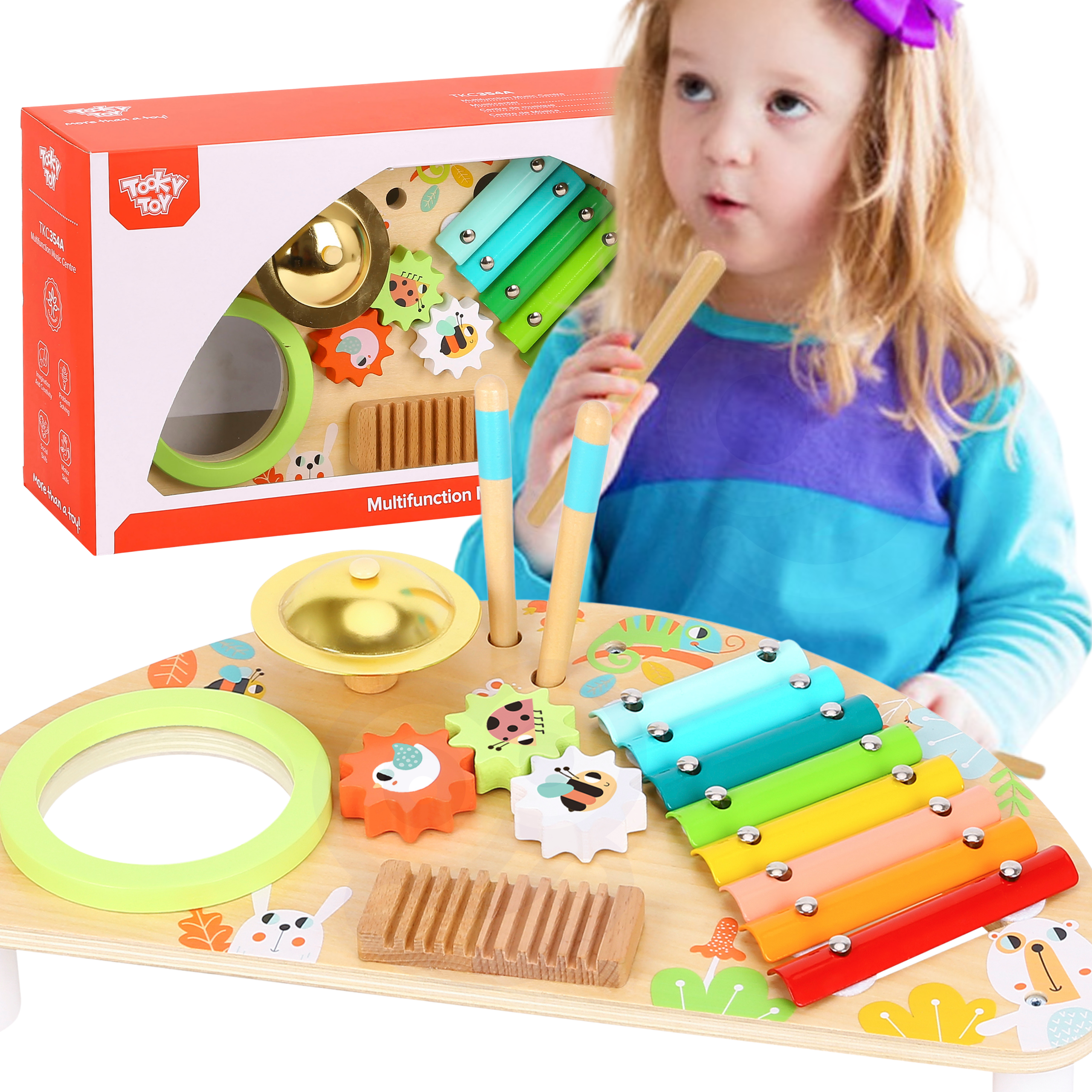 TOOKY TOY Wielofunkcyjny Instrument Centrum Muzyczne Ksylofon Zębatki Tarka Bębenek Talerz Pałeczki