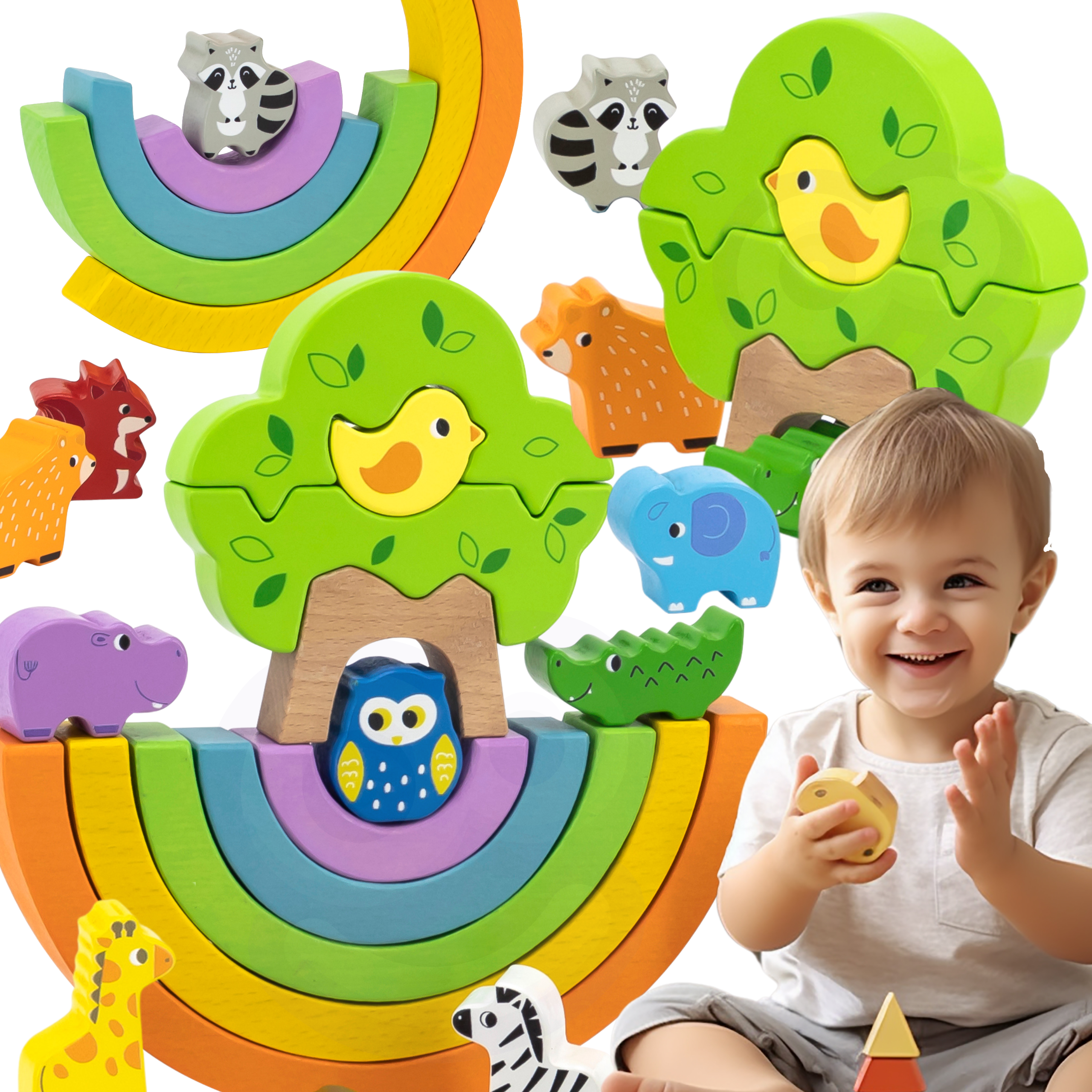 Drewniana tęcza układanka klocki kreatywne montessori