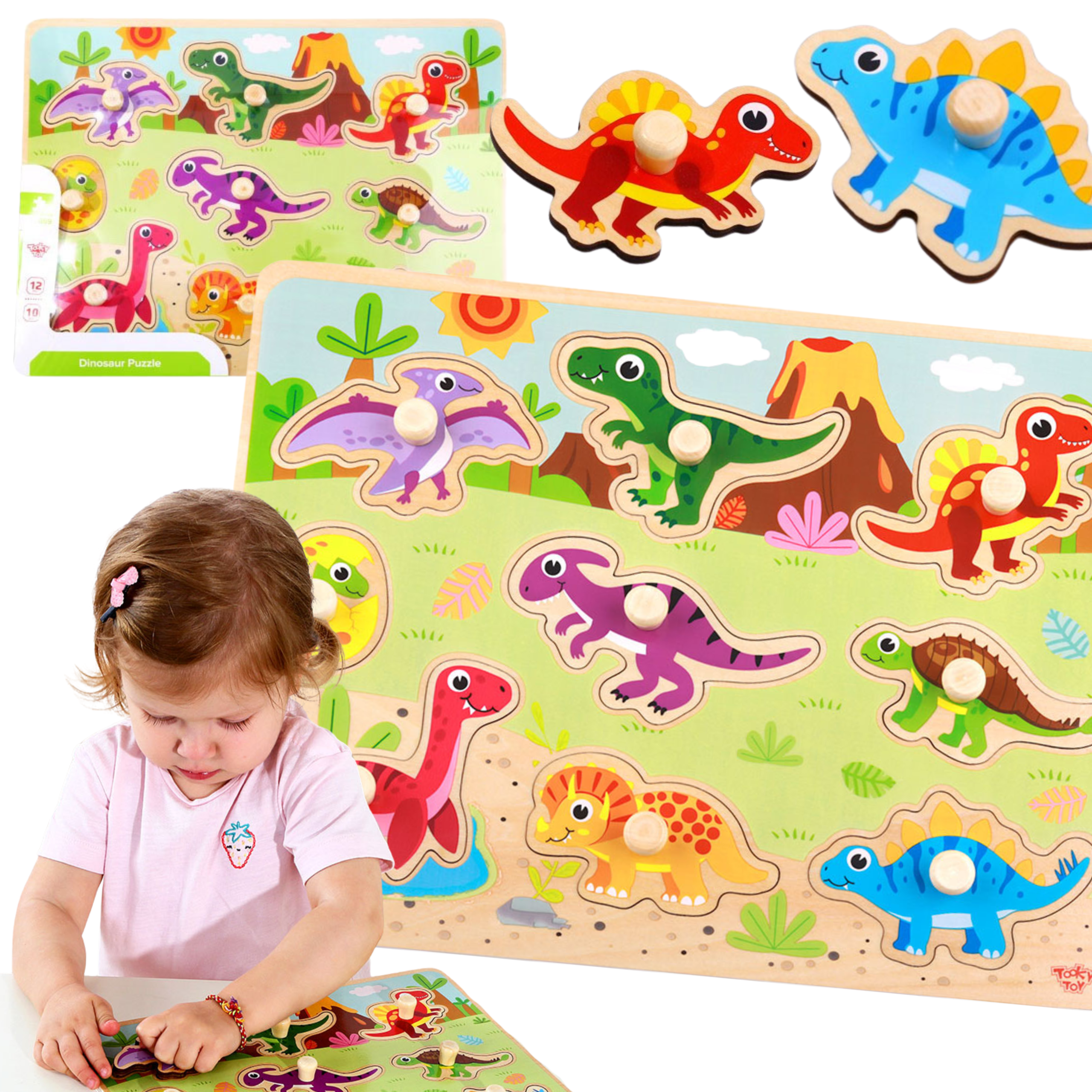 Drewniane puzzle montessori układanka dinozaury kształty