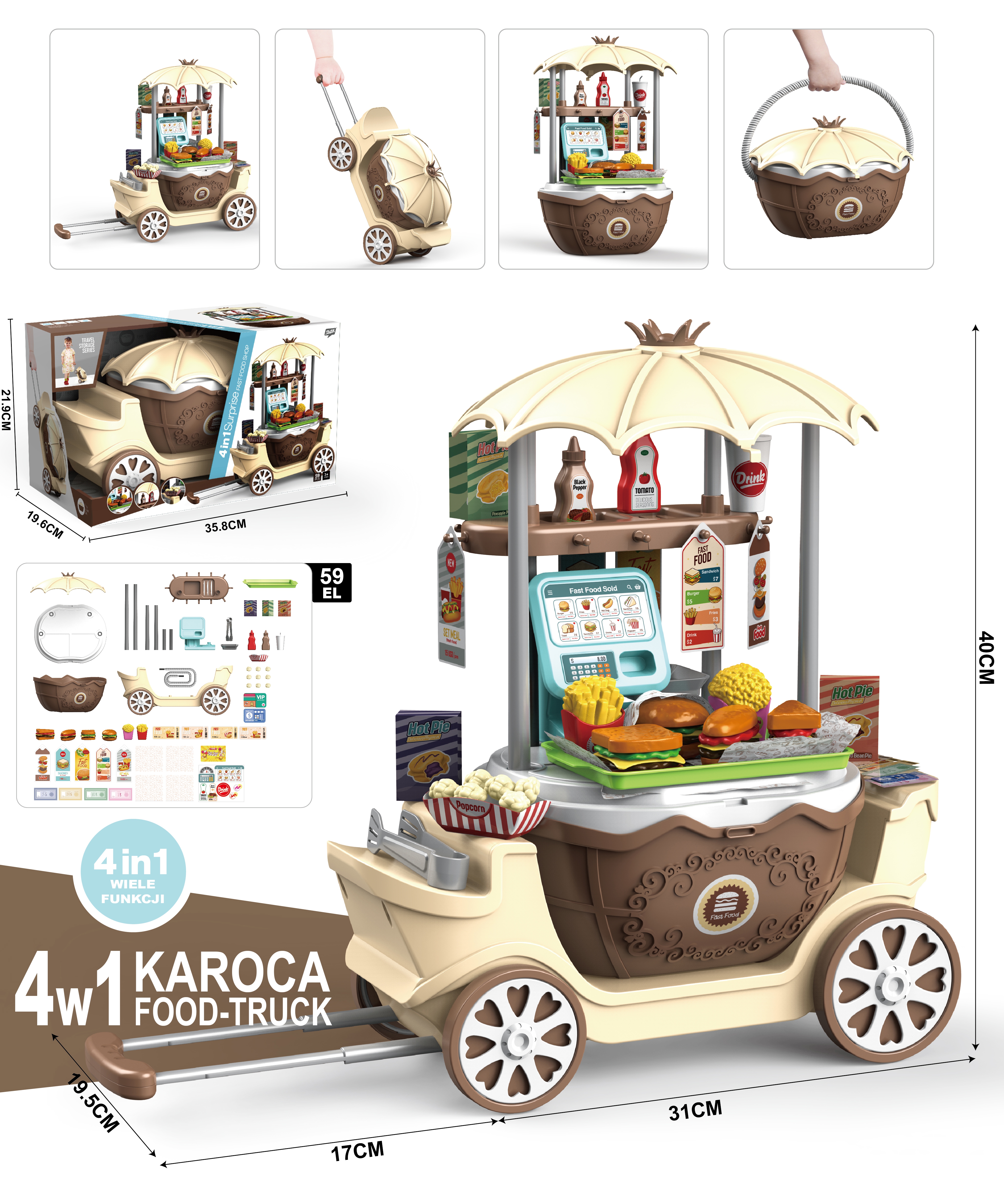 Sklep fast food na kółkach wózek walizka 59 akc. 4w1