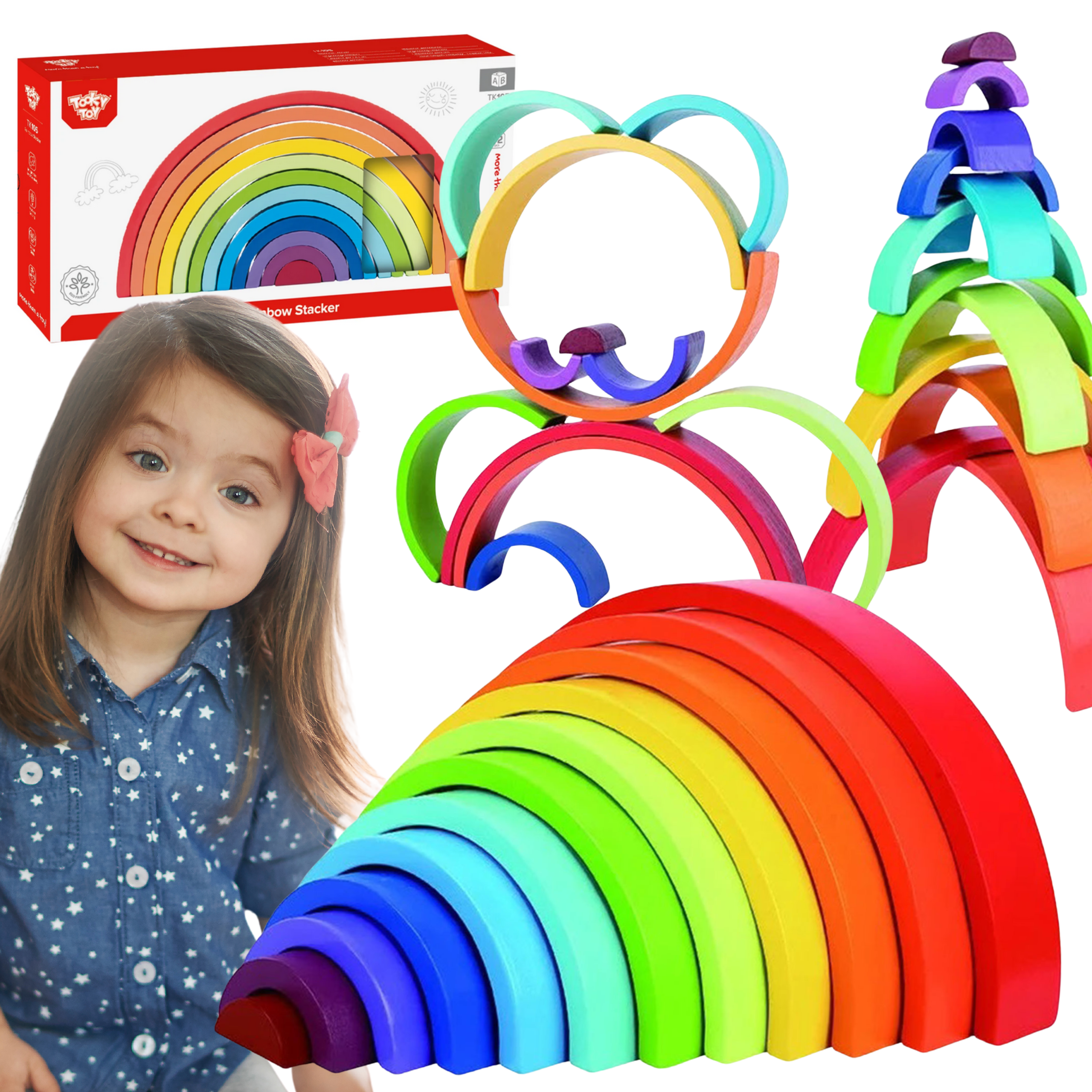 Układanka drewniane klocki montessori tęcza