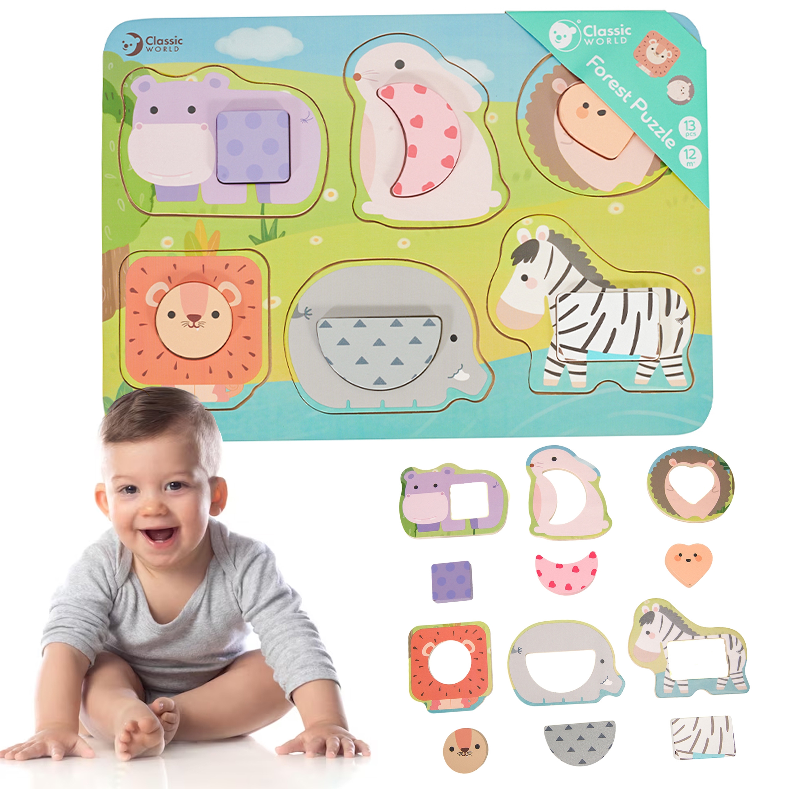 Układanka klocki puzzle dla dzieci zwierzęta dopasuj nauka kształtów kolorów montessori 6 el.