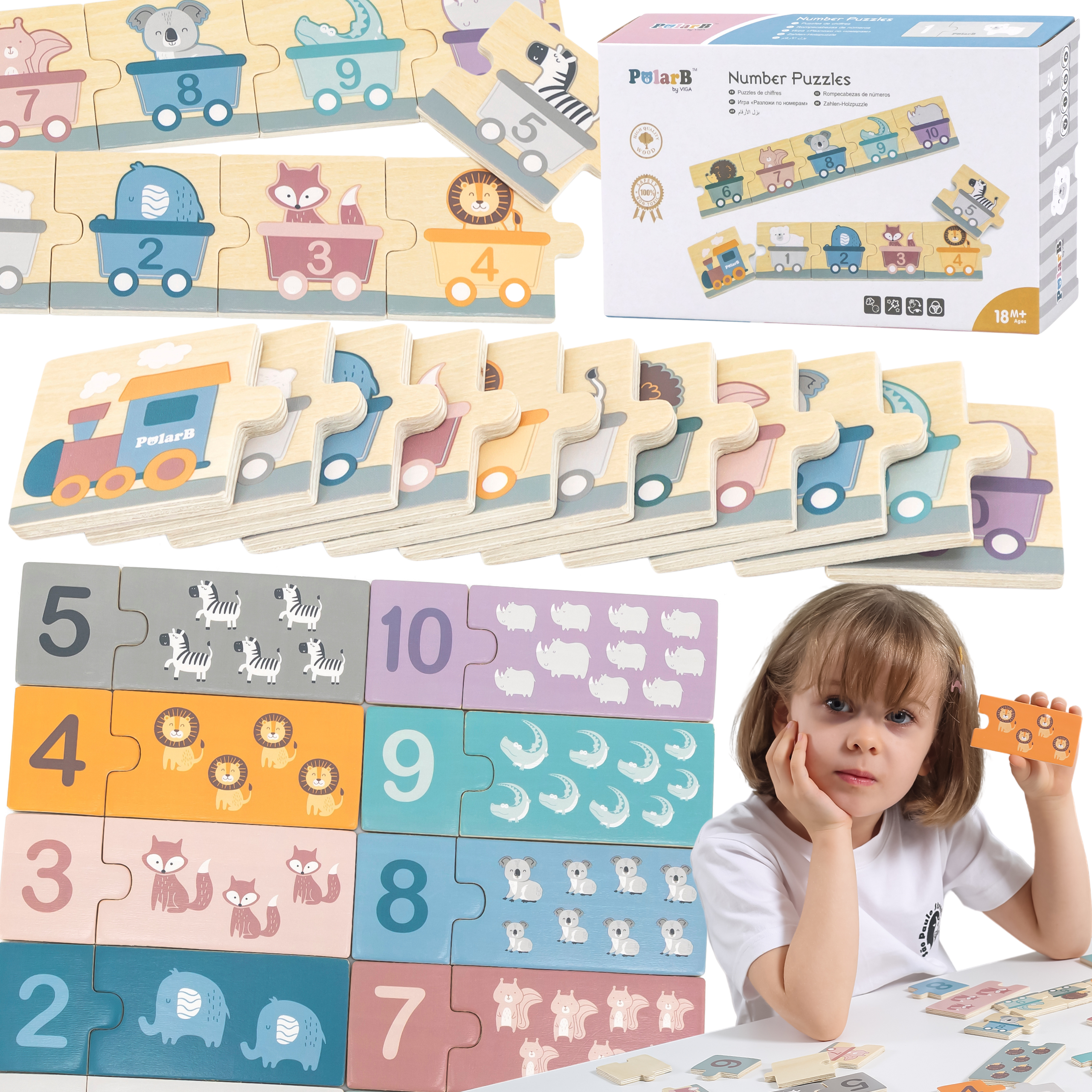Polarb drewniane puzzle numeryczne cyferki montessori