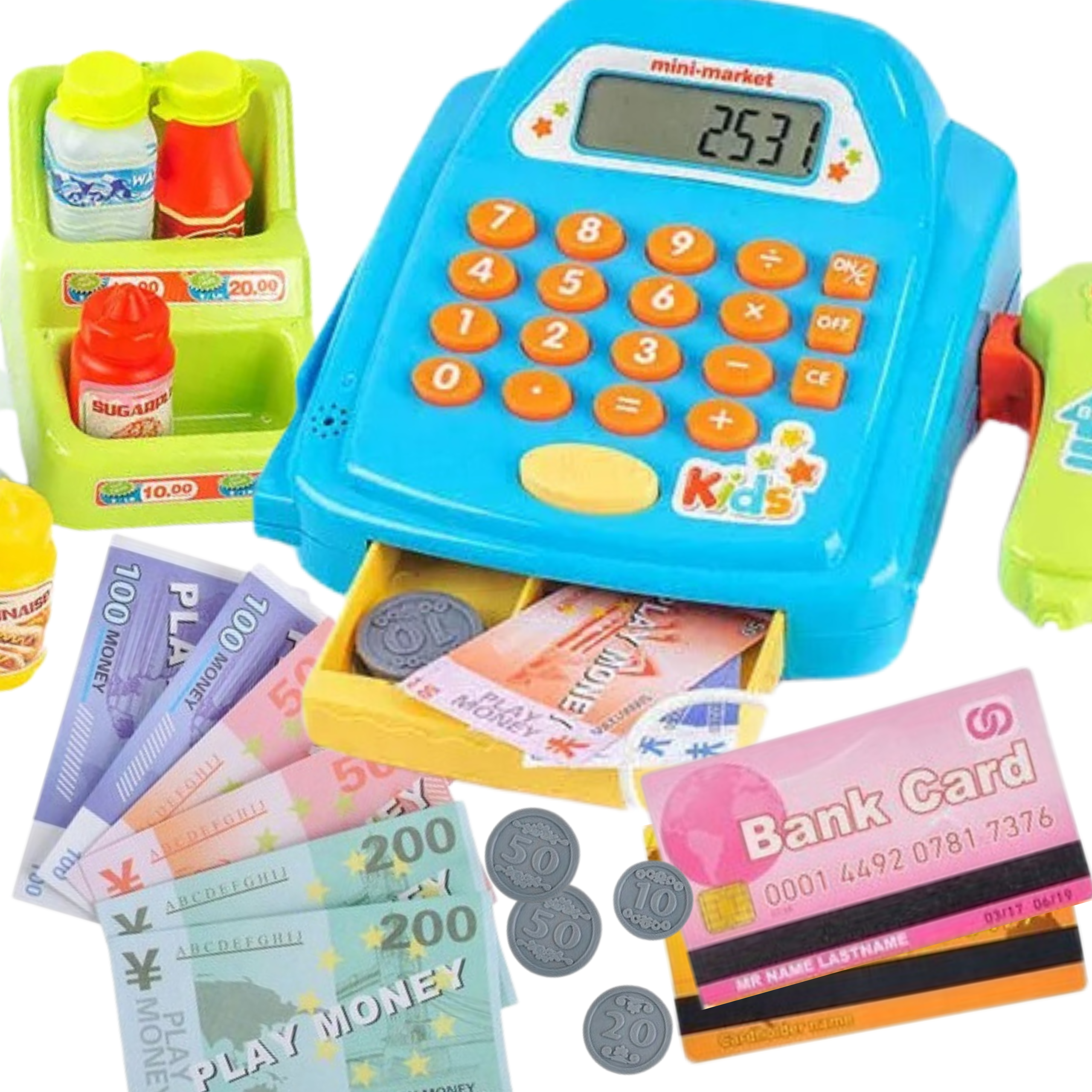 Kasa sklepowa z półką i akcesoriami