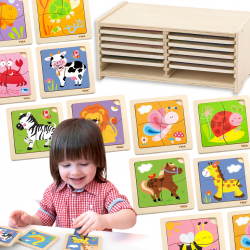 Viga Toys Wooden Puzzle 12 boards of 4 puzzles each in a stand