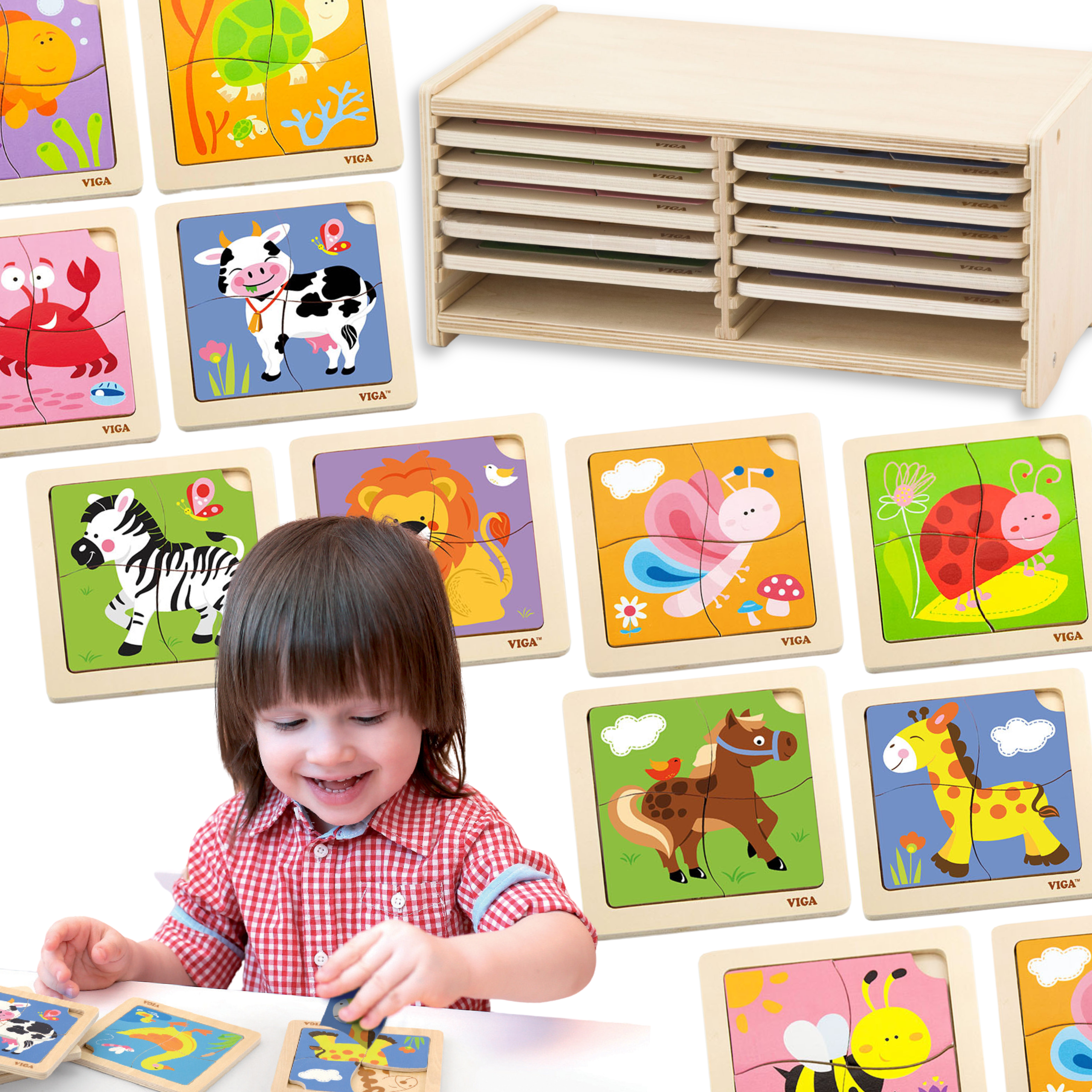 Puzzle drewniane 12 plansz po 4 puzzle w stojaku