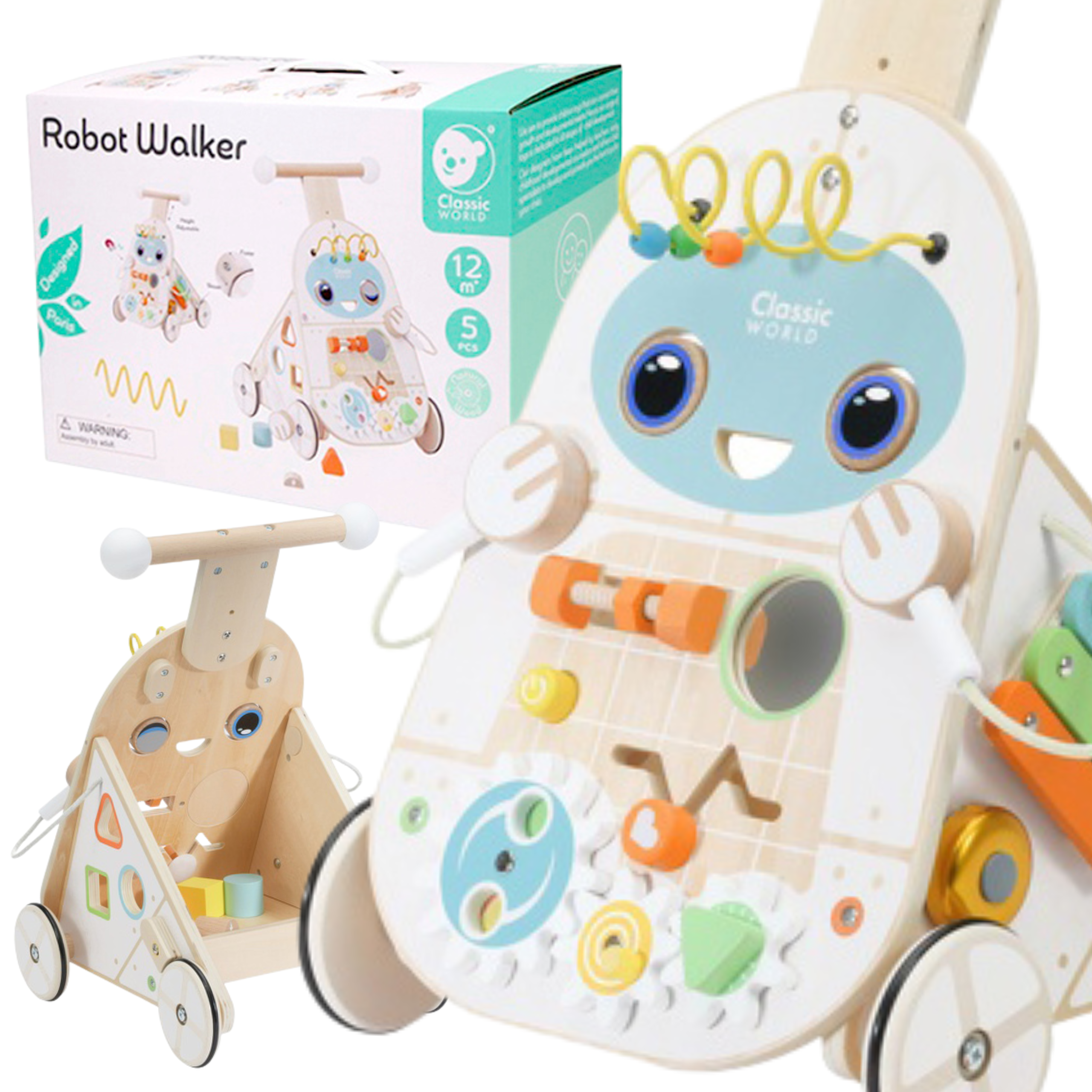 Chodzik pchacz 4w1 robot walker dla dzieci ksylofon lustro sorter