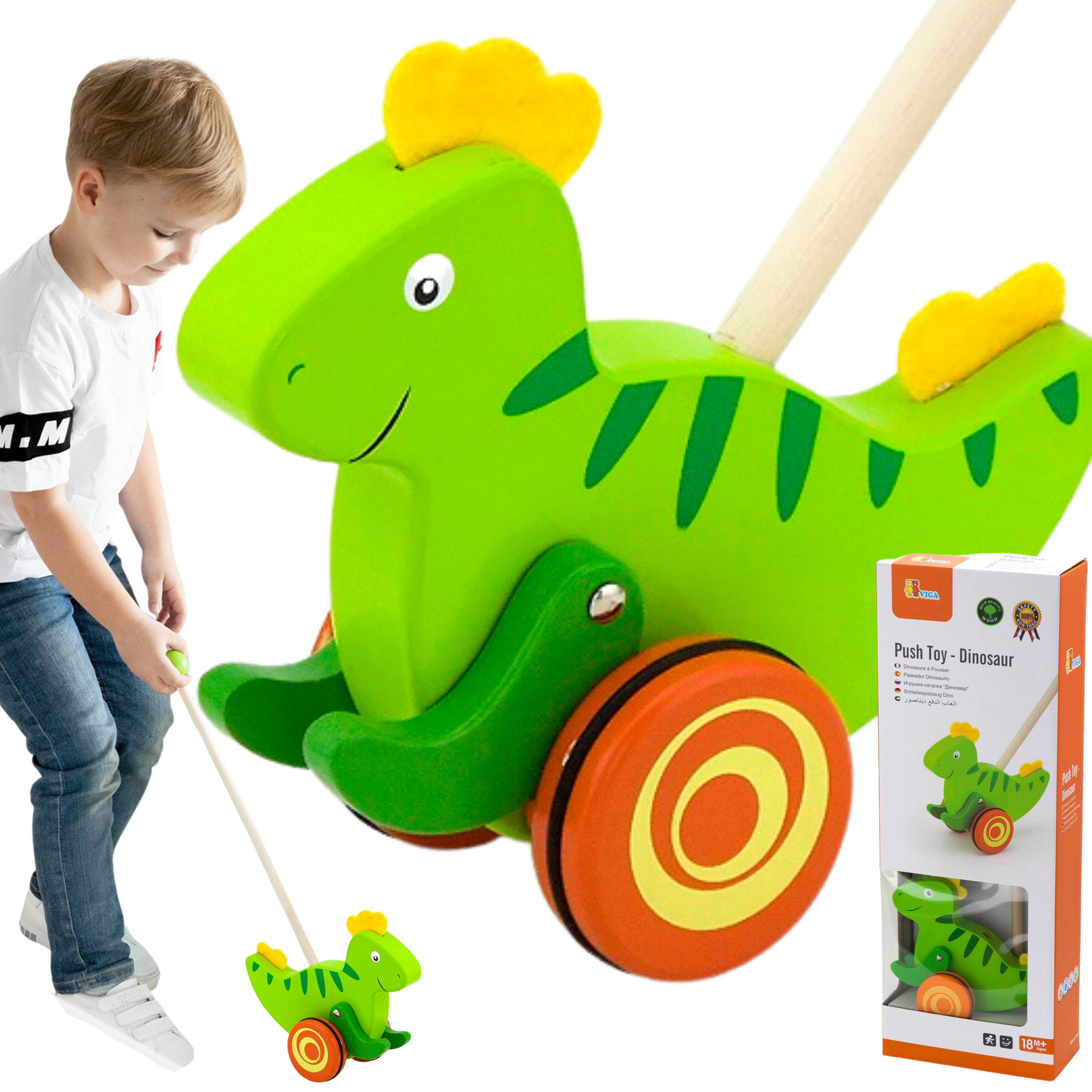 Drewniany pchacz dinozaur