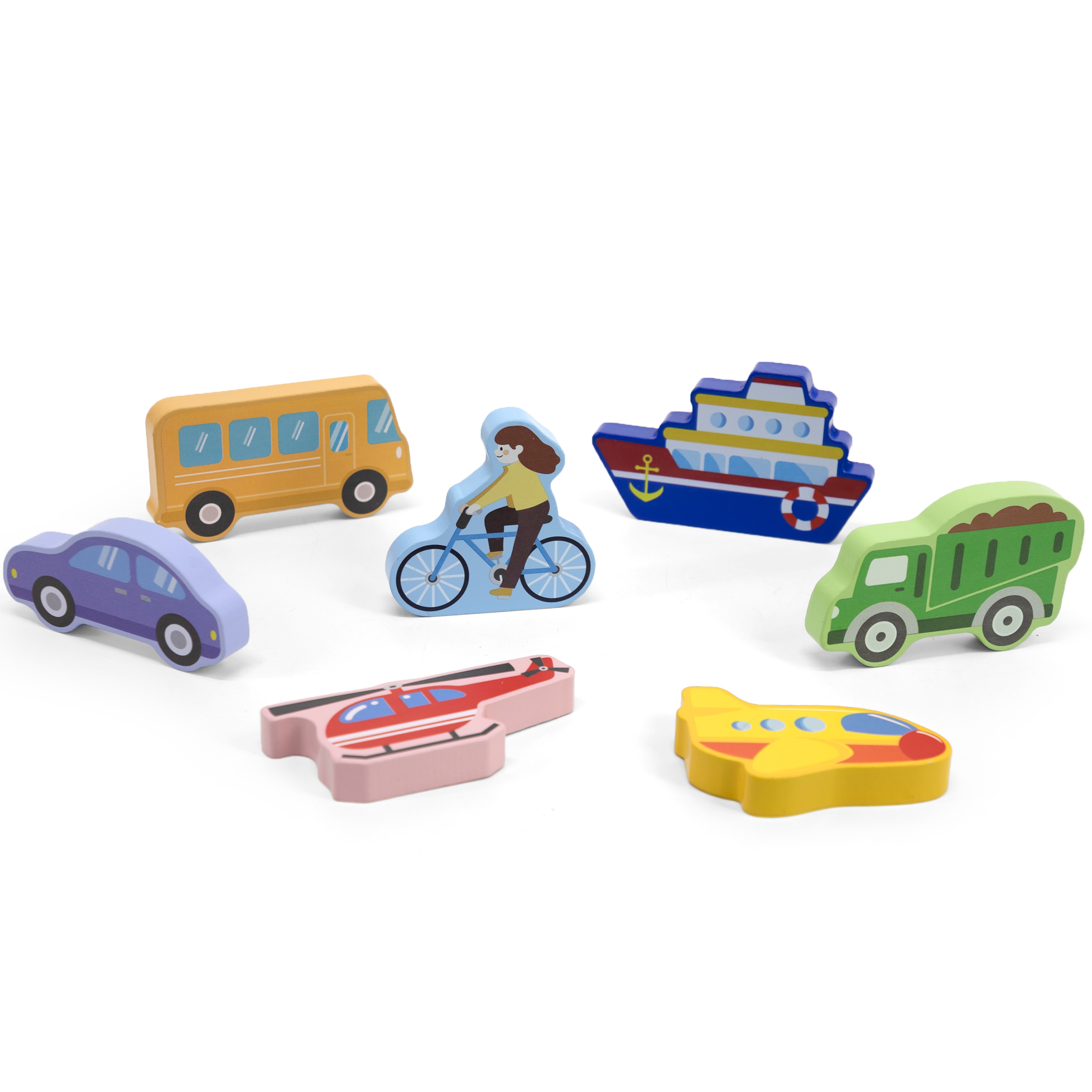 Drewniane puzzle układanka montessori 2w1 figurki pojazdy