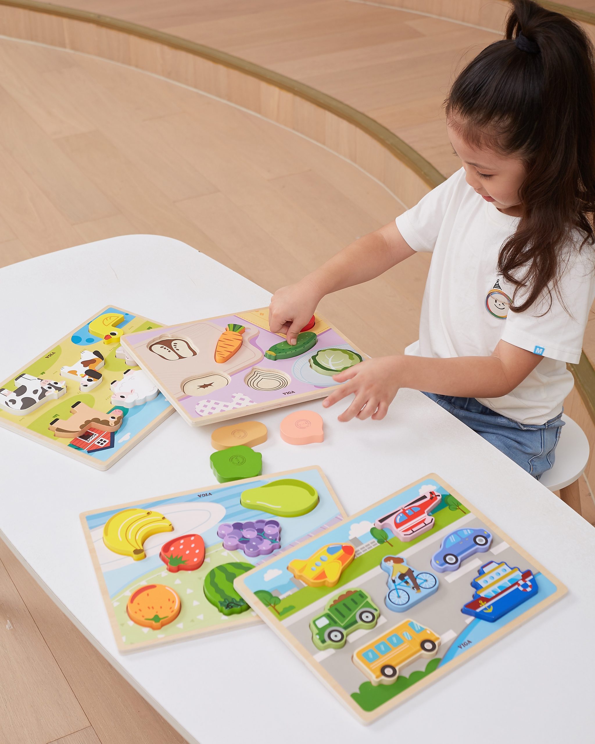 Drewniane puzzle układanka montessori 2w1 figurki owoce