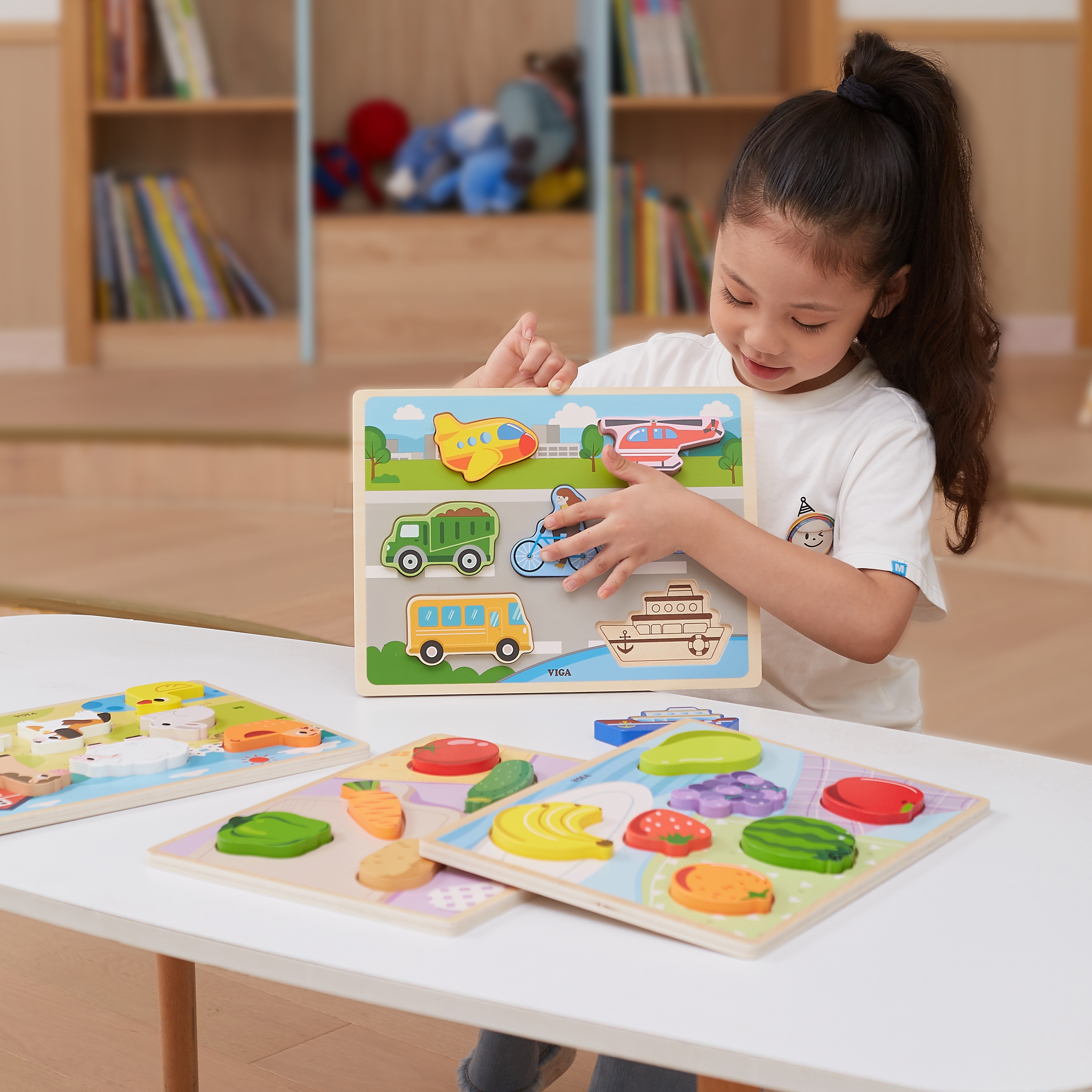 Drewniane puzzle układanka montessori 2w1 figurki owoce