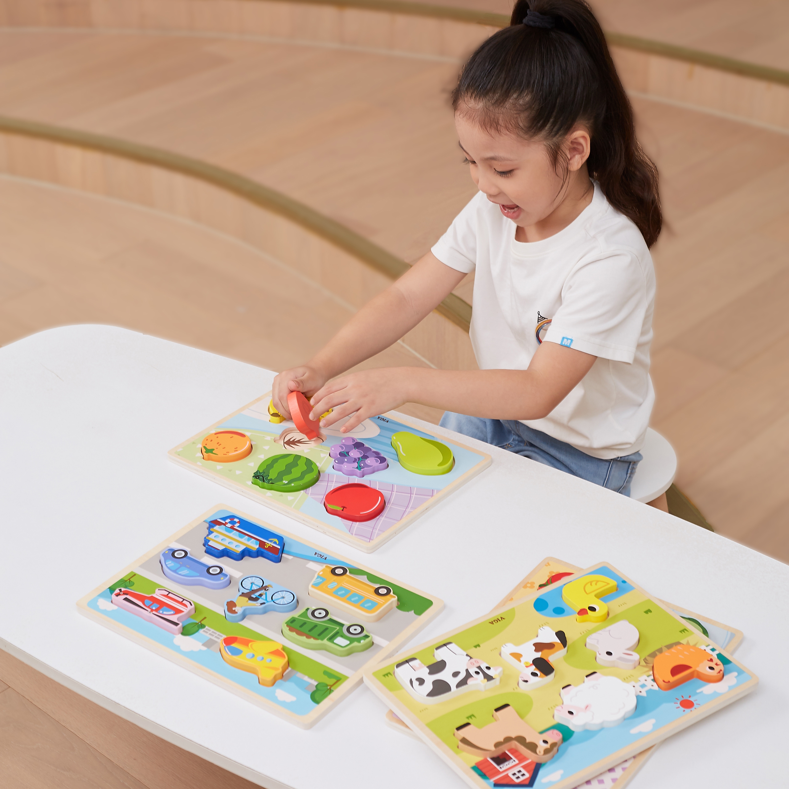 Drewniane puzzle układanka montessori 2w1 figurki owoce