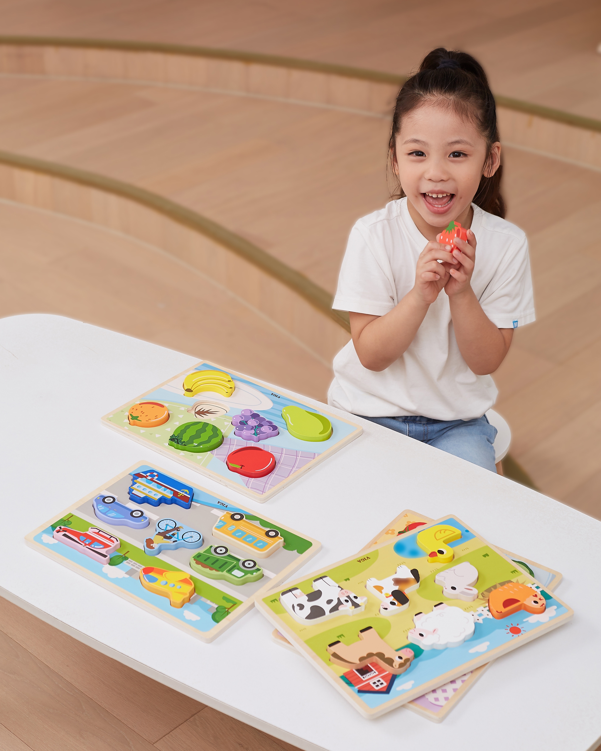 Drewniane puzzle układanka montessori 2w1 figurki owoce