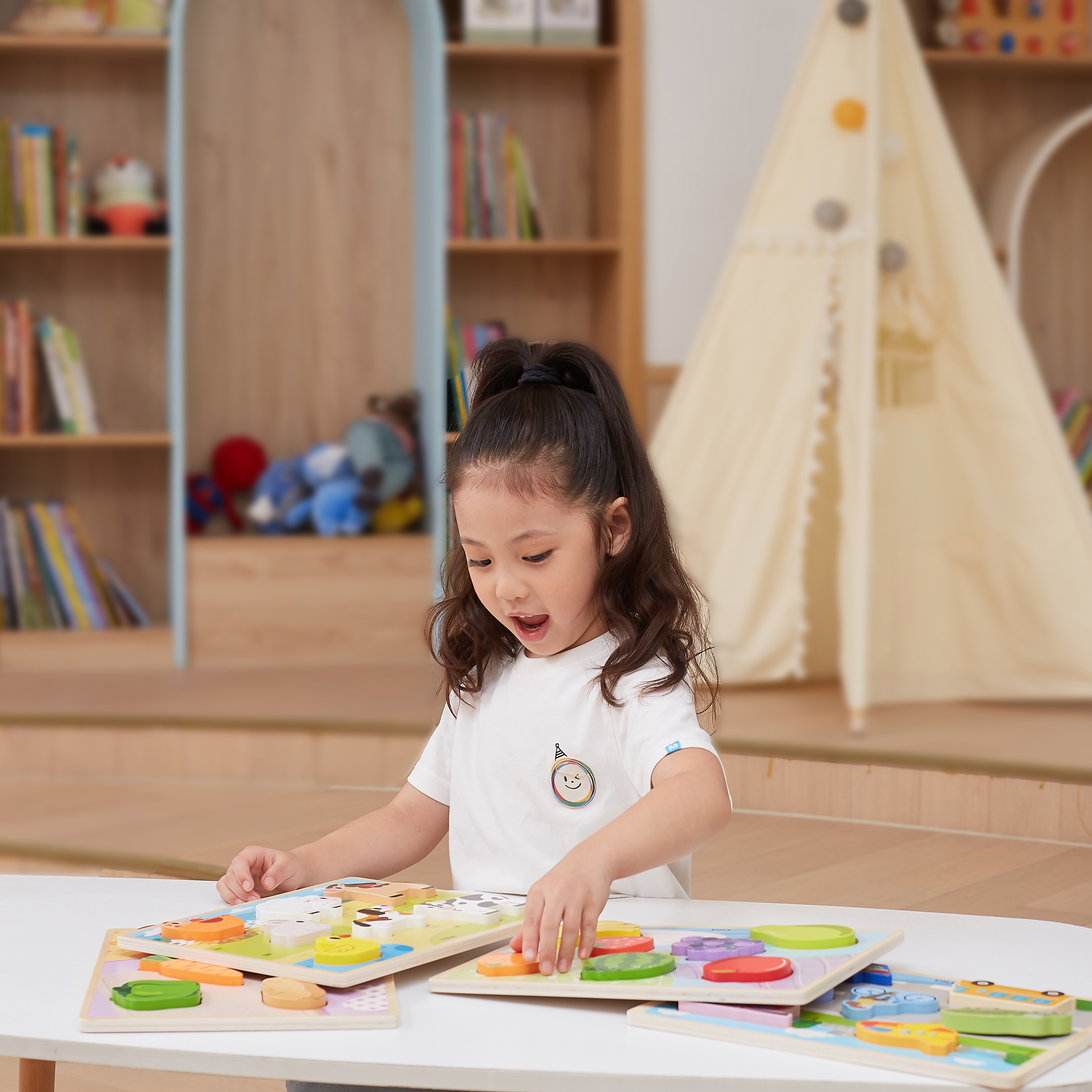 Drewniane puzzle układanka montessori 2w1 figurki owoce