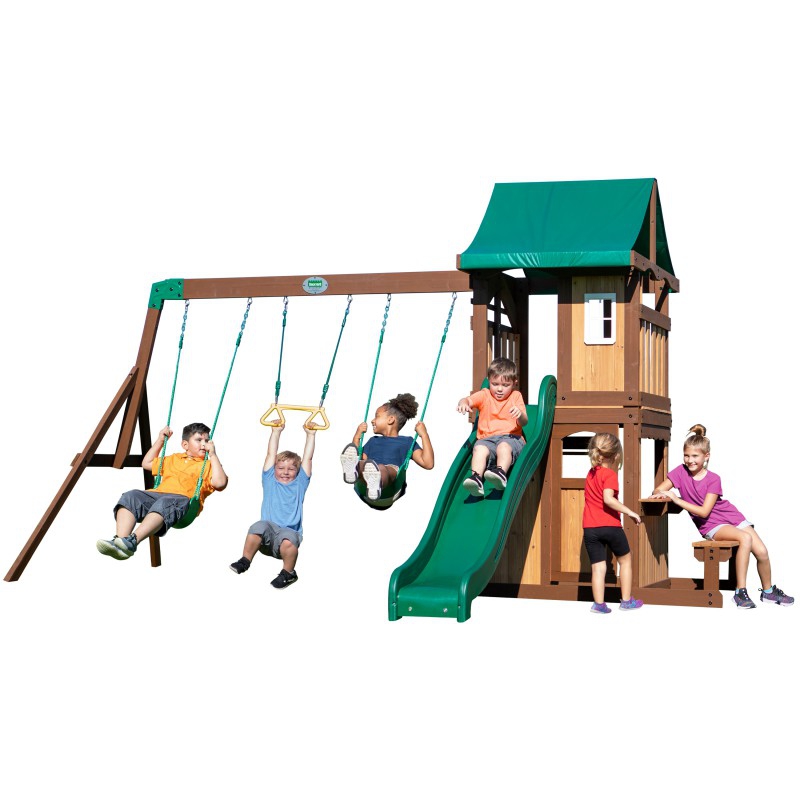 Drewniany plac zabaw lakewood huśtawki zjeżdżalnia domek
