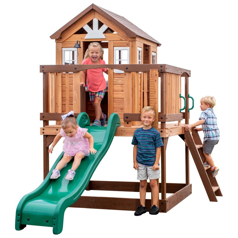 Drewniany plac zabaw echo heights zjeżdżalnia domek kuchnia