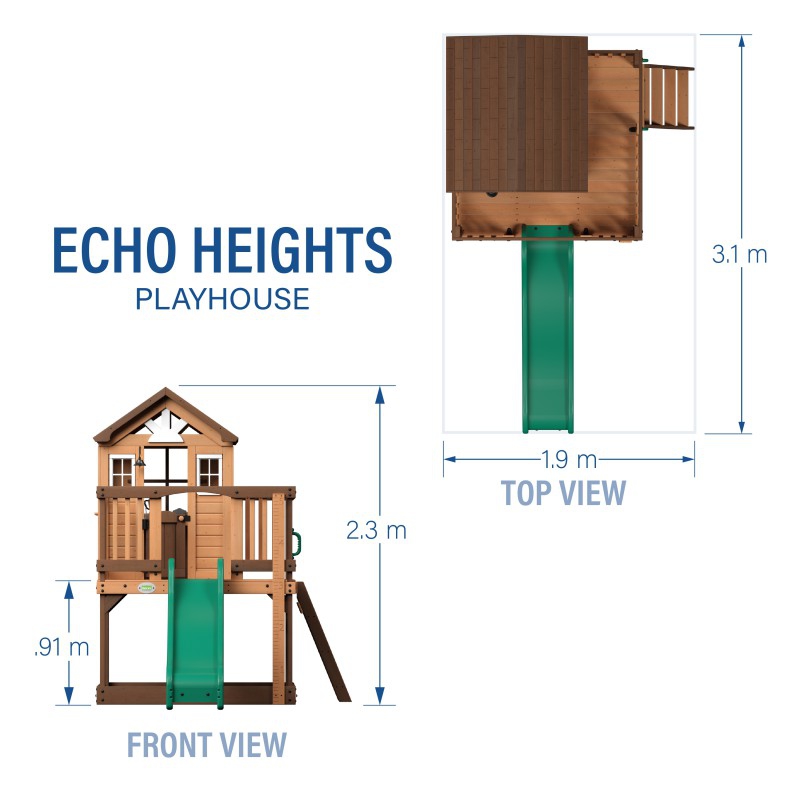 Drewniany plac zabaw echo heights zjeżdżalnia domek kuchnia