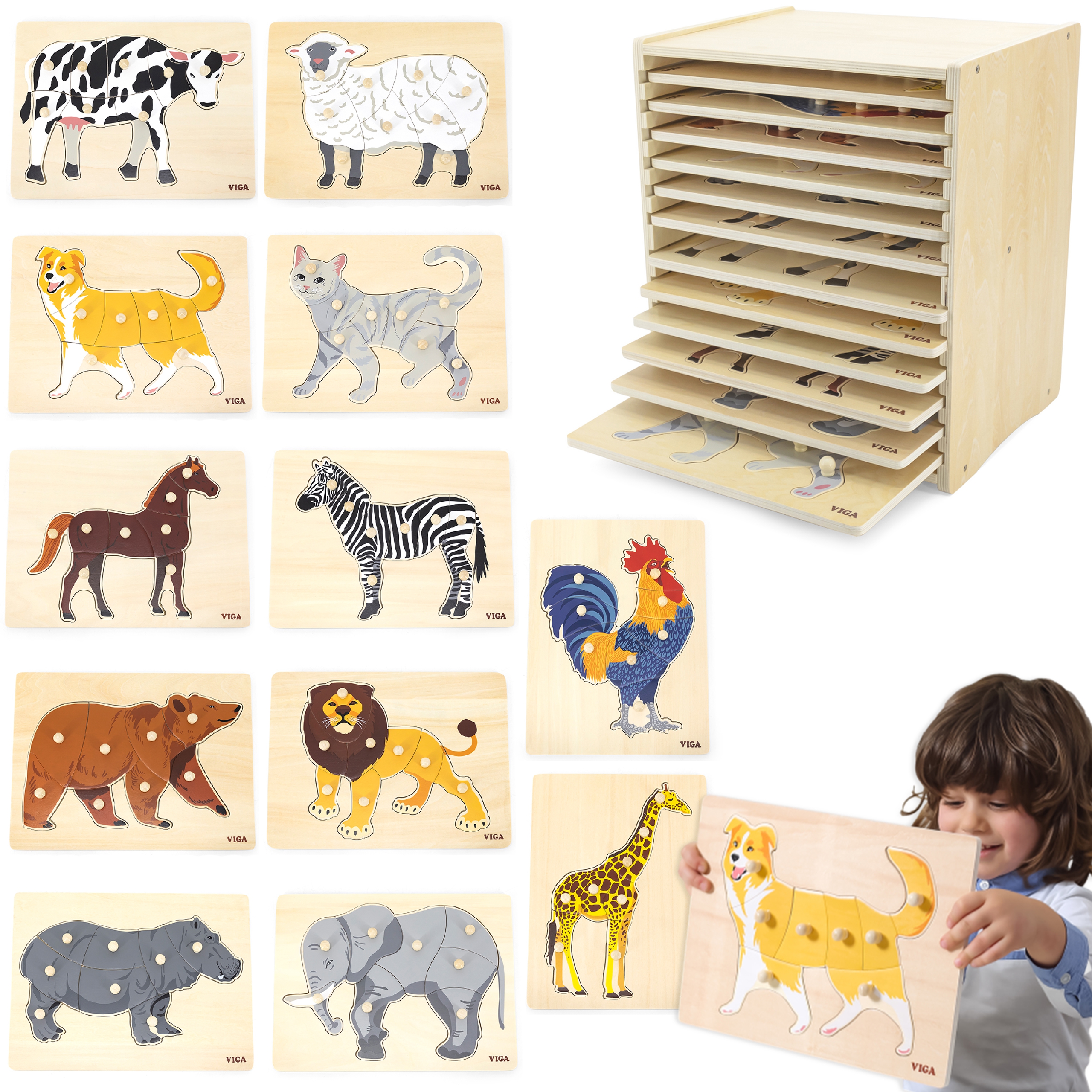Zestaw puzzle drewniane 12 układanek zwierzątka montessori + stojak