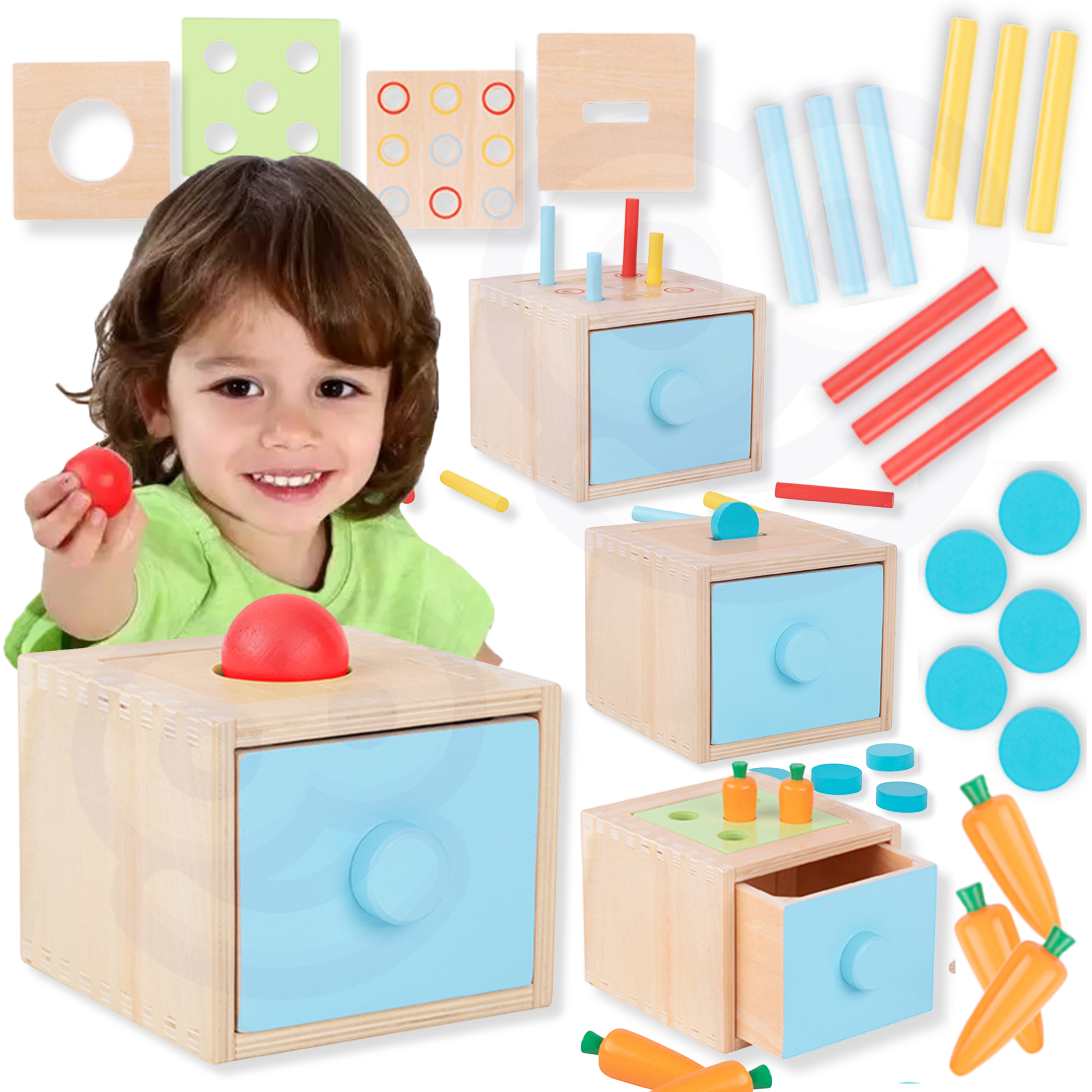 Tooky Toy Drewniana Kostka Edukacyjna Szuflada Pudełko Montessori Sorter Nauka Kolorów 4w1  3 szt.