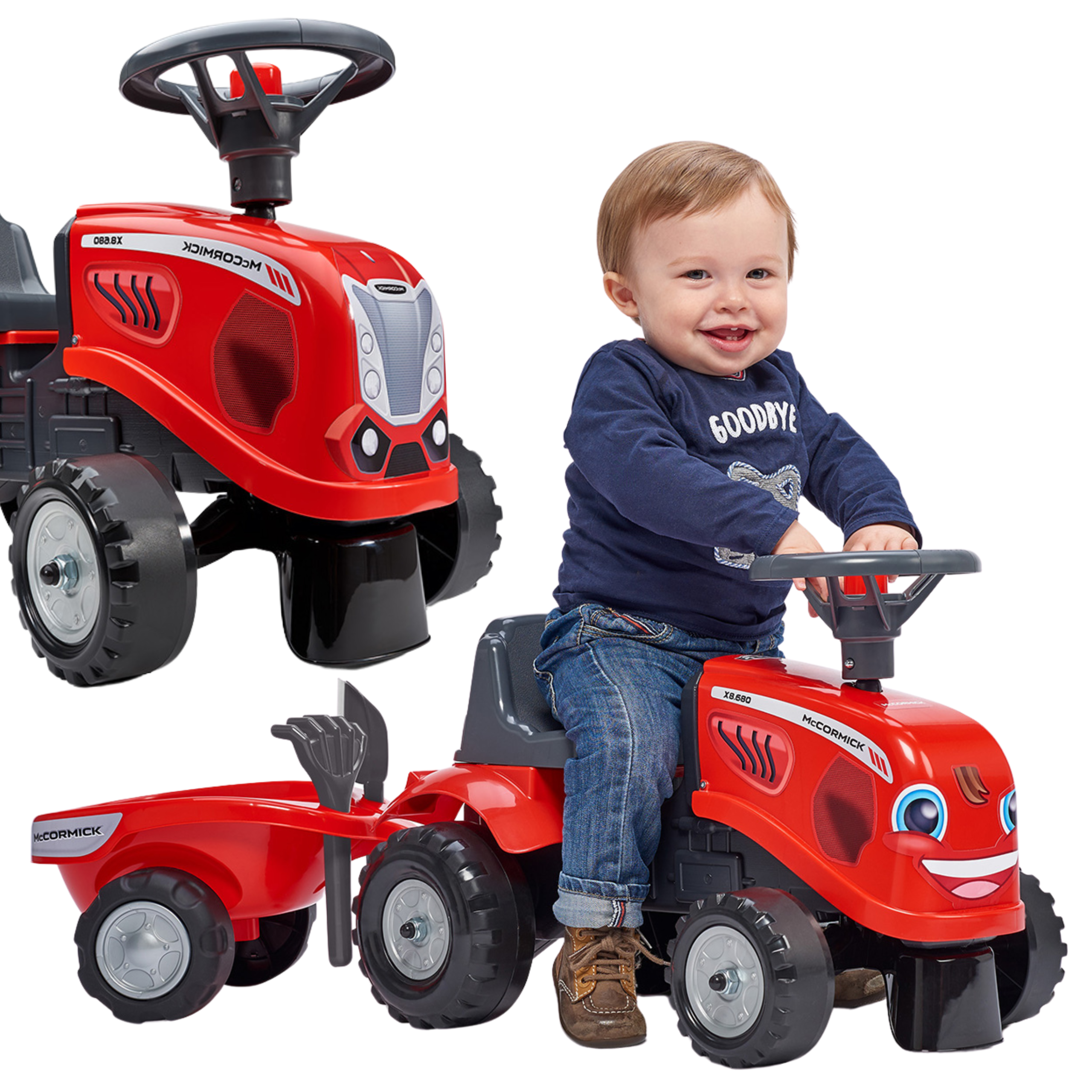 Traktorek baby mac cormick czerwony z przyczepką + akc. od 1 roku