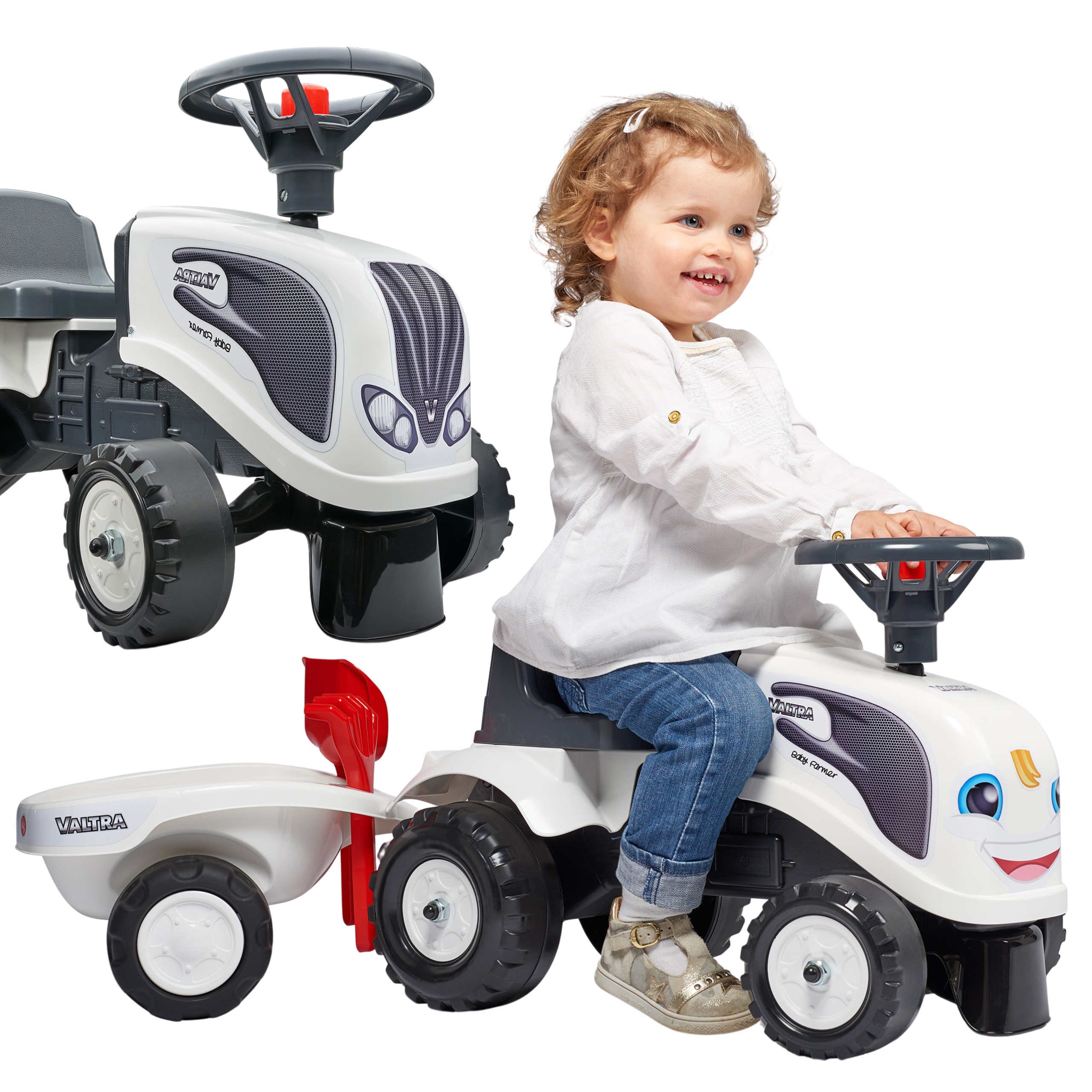 Traktorek baby valtra biały z przyczepką + akc. od 1 roku