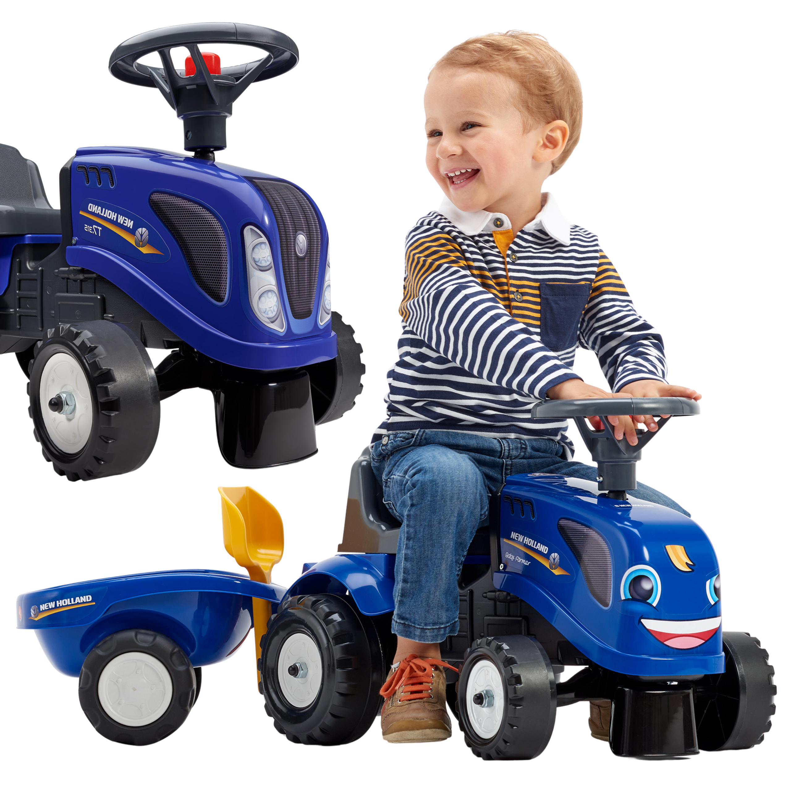 Traktorek baby new holland niebieski z przyczepką + akc. od 1 roku