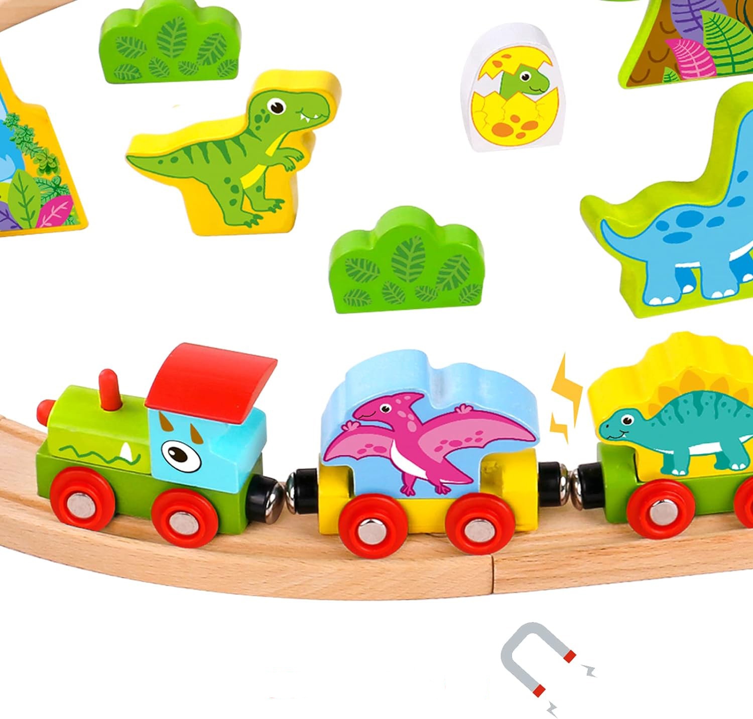 Drewniana magnetyczna kolejka dinozaury + figurki
