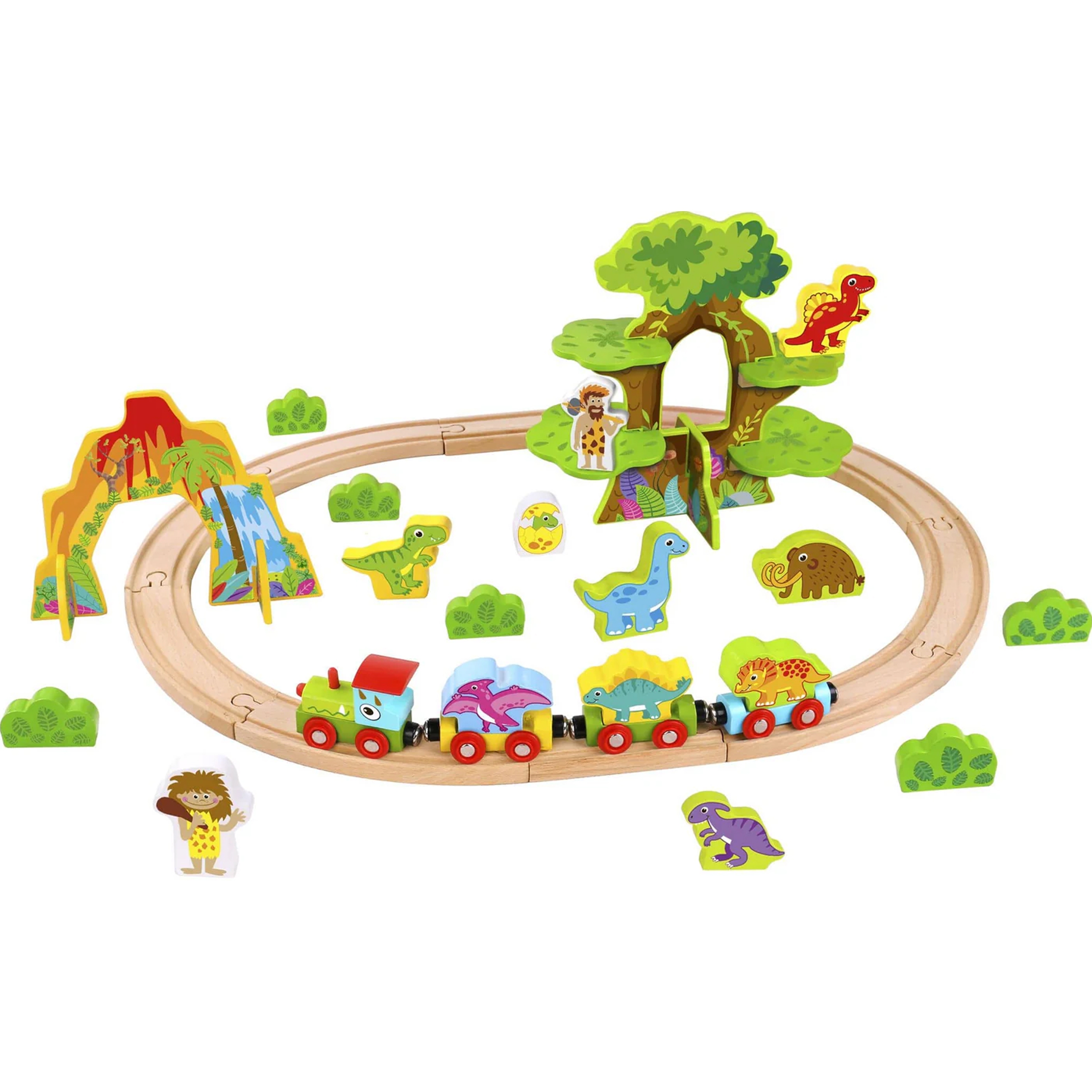 Drewniana magnetyczna kolejka dinozaury + figurki