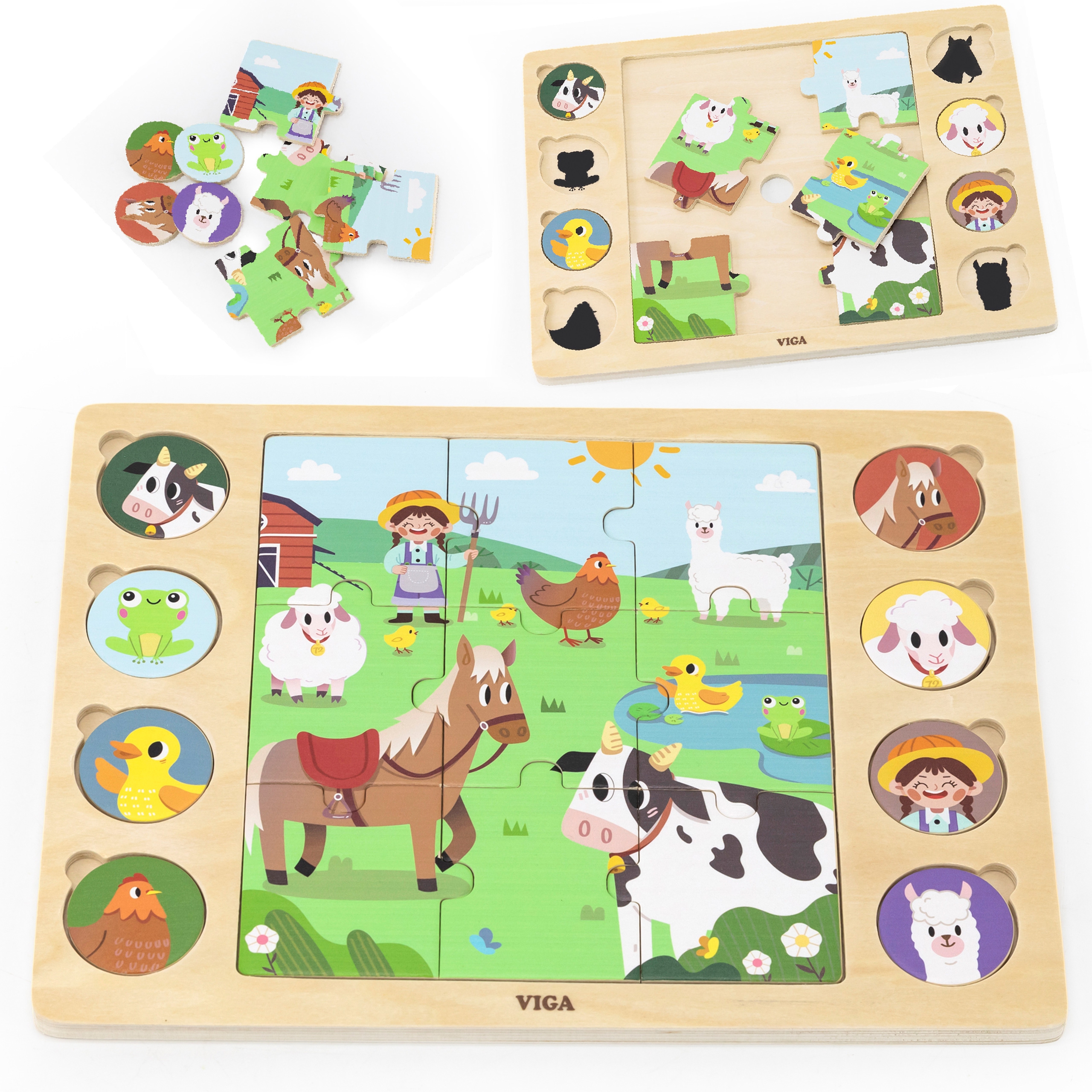 Drewniane puzzle odgadnij po cieniu - farma układanka 17 el.