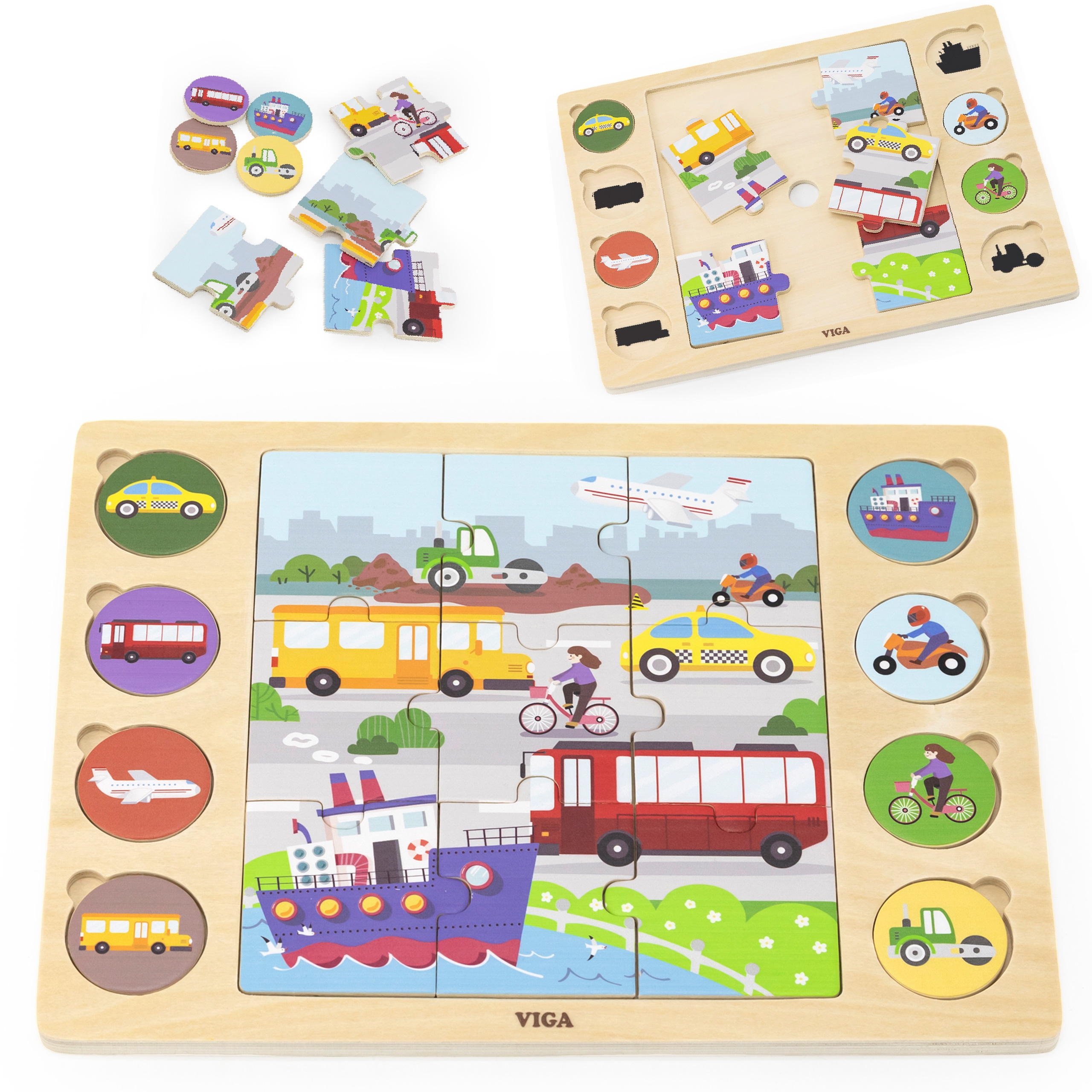 Drewniane puzzle odgadnij po cieniu - środki transportu układanka 17 el.