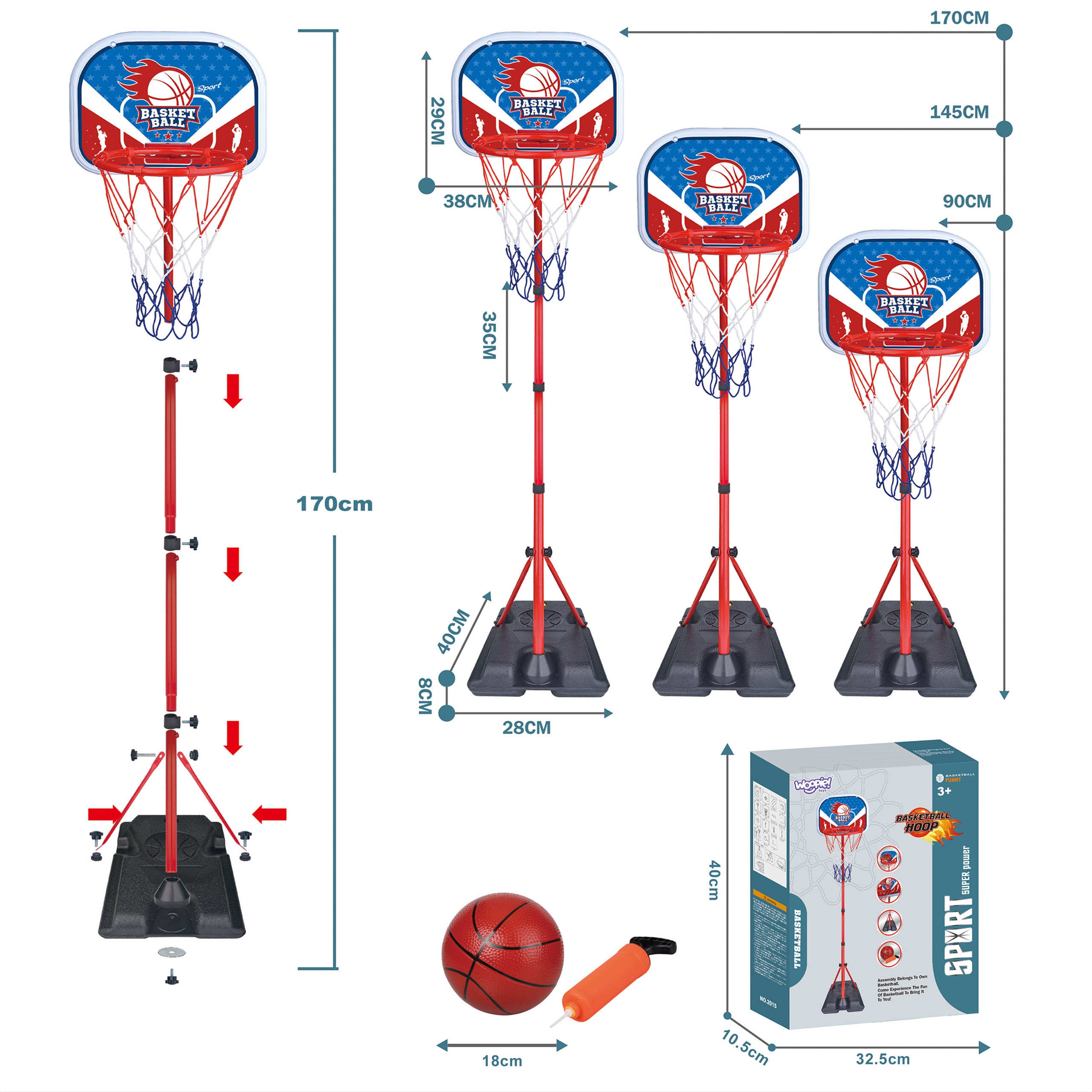 Zestaw koszykówka wolnostojąca regulowana wysokość 90-170cm + piłka