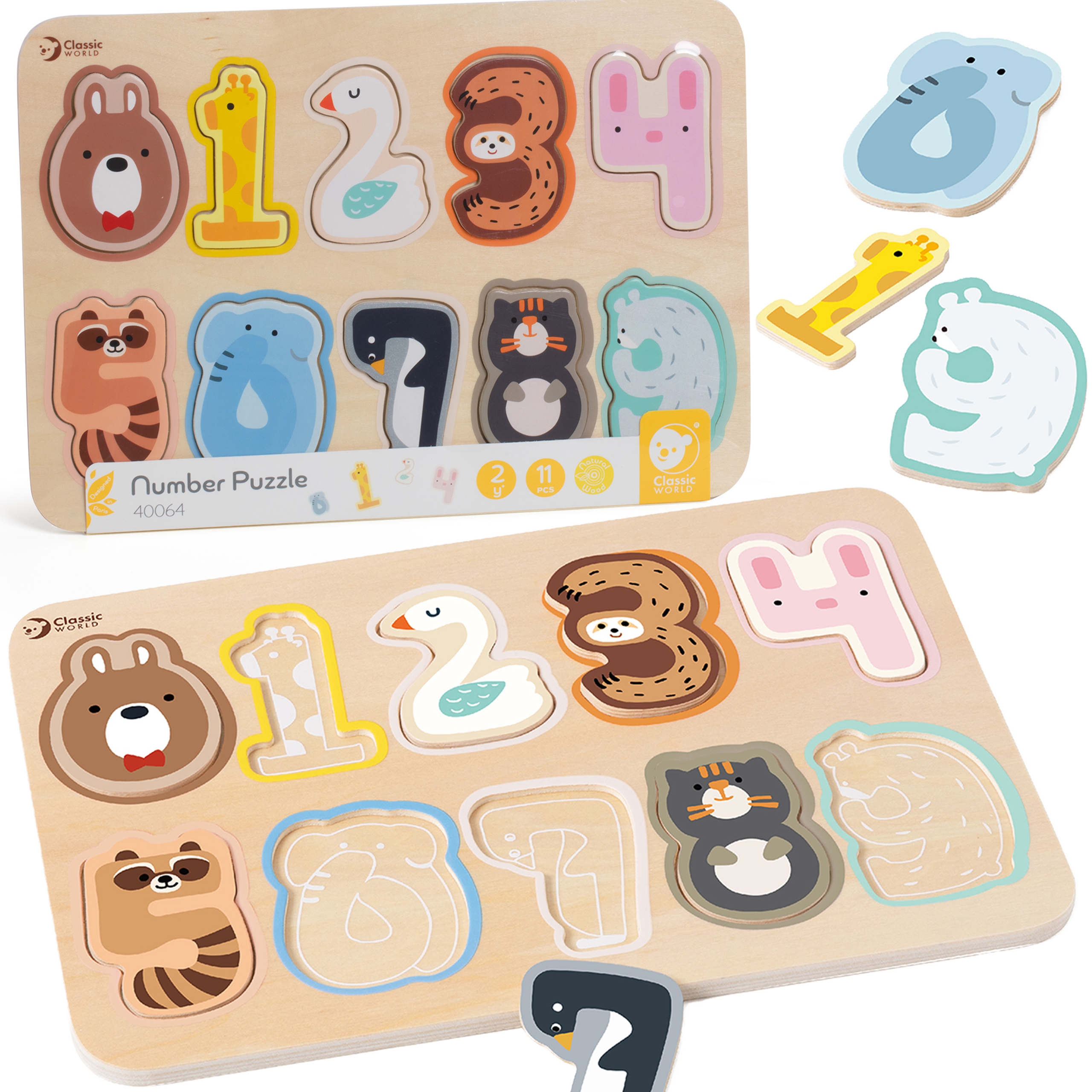 Drewniane puzzle numeryczne cyferki montessori 11 el.