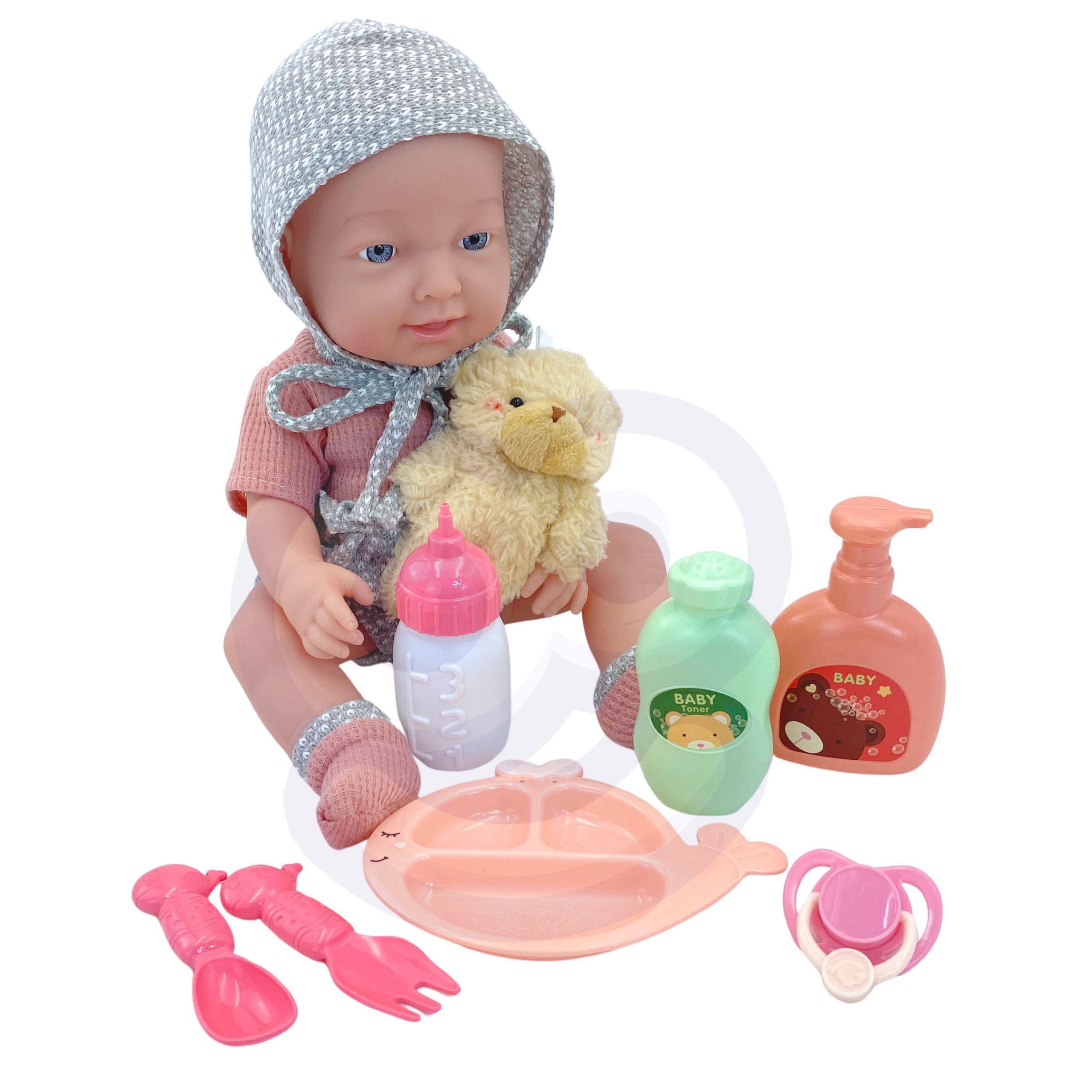 Lalka bobas 36 cm w ubranku z misiem akcesoria do karmienia