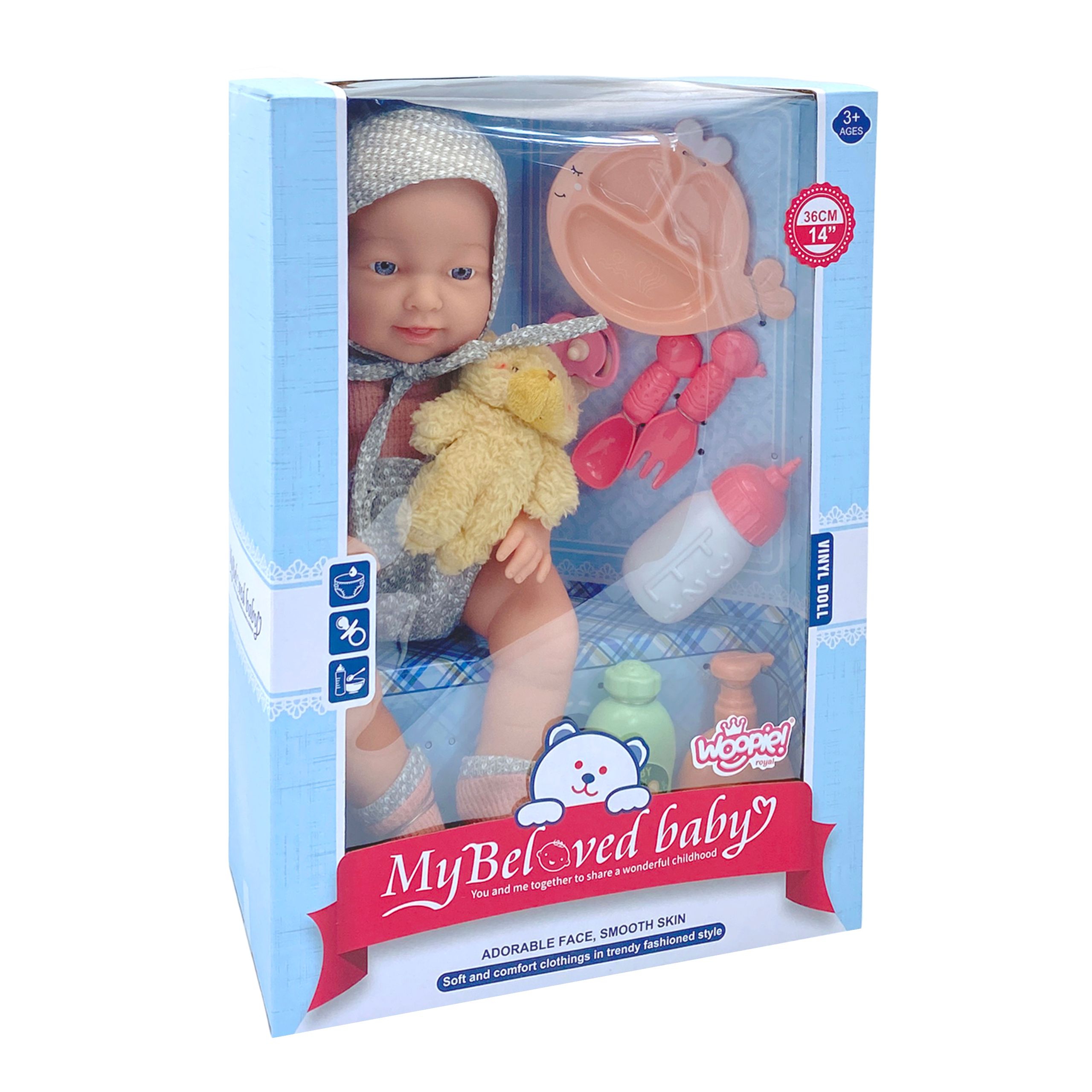 Lalka bobas 36 cm w ubranku z misiem akcesoria do karmienia