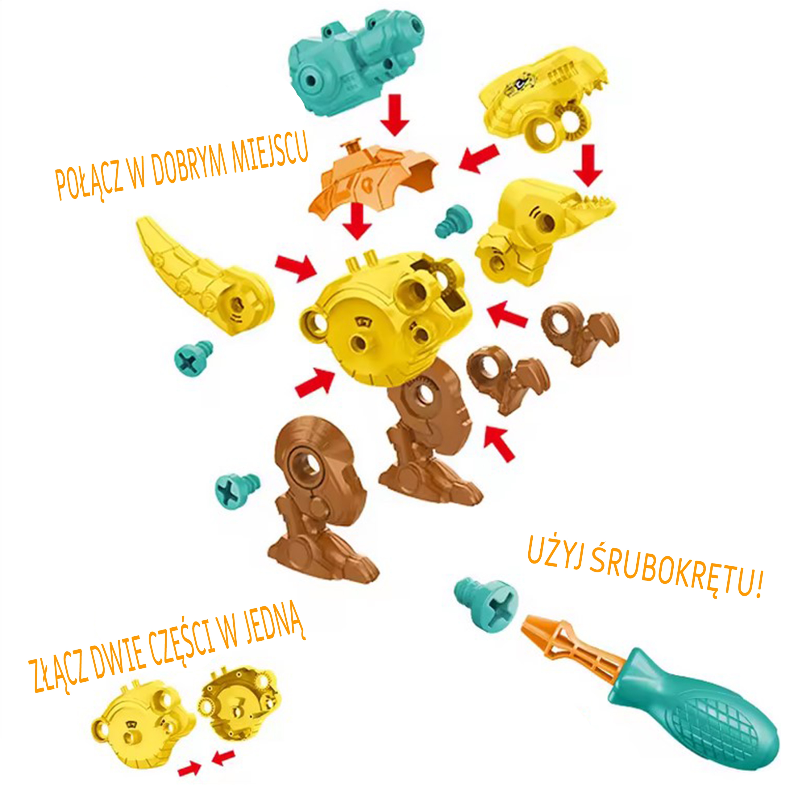 Zestaw dinozaury do skręcania 3 szt. zestaw konstrukcyjny w pudełku + wiertarka i śrubokręt