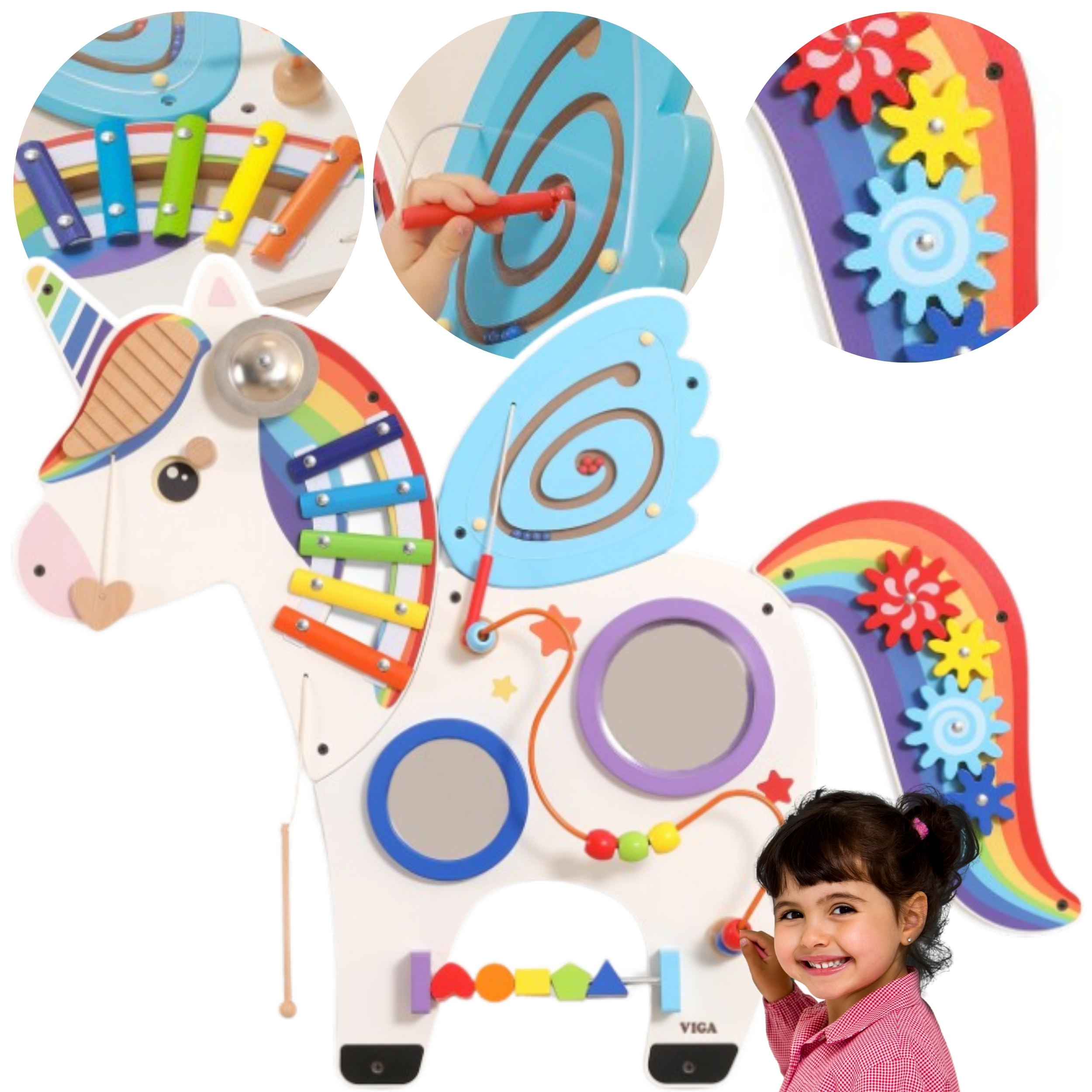 Drewniana tablica sensoryczna manipulacyjna jednorożec certyfikat fsc montessori