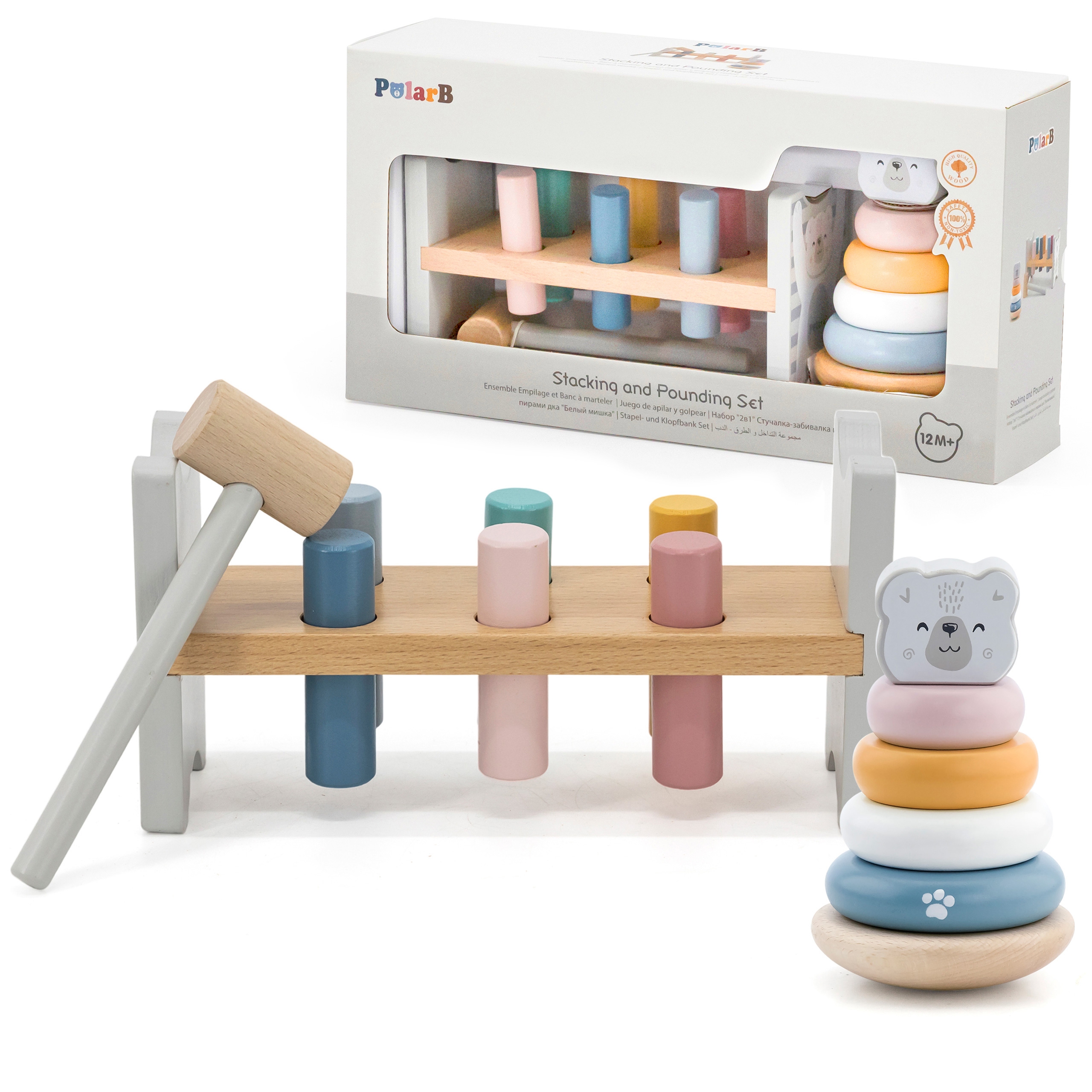 Polarb zestaw drewniana piramidka + przebijanka z młoteczkiem miś polarny montessori
