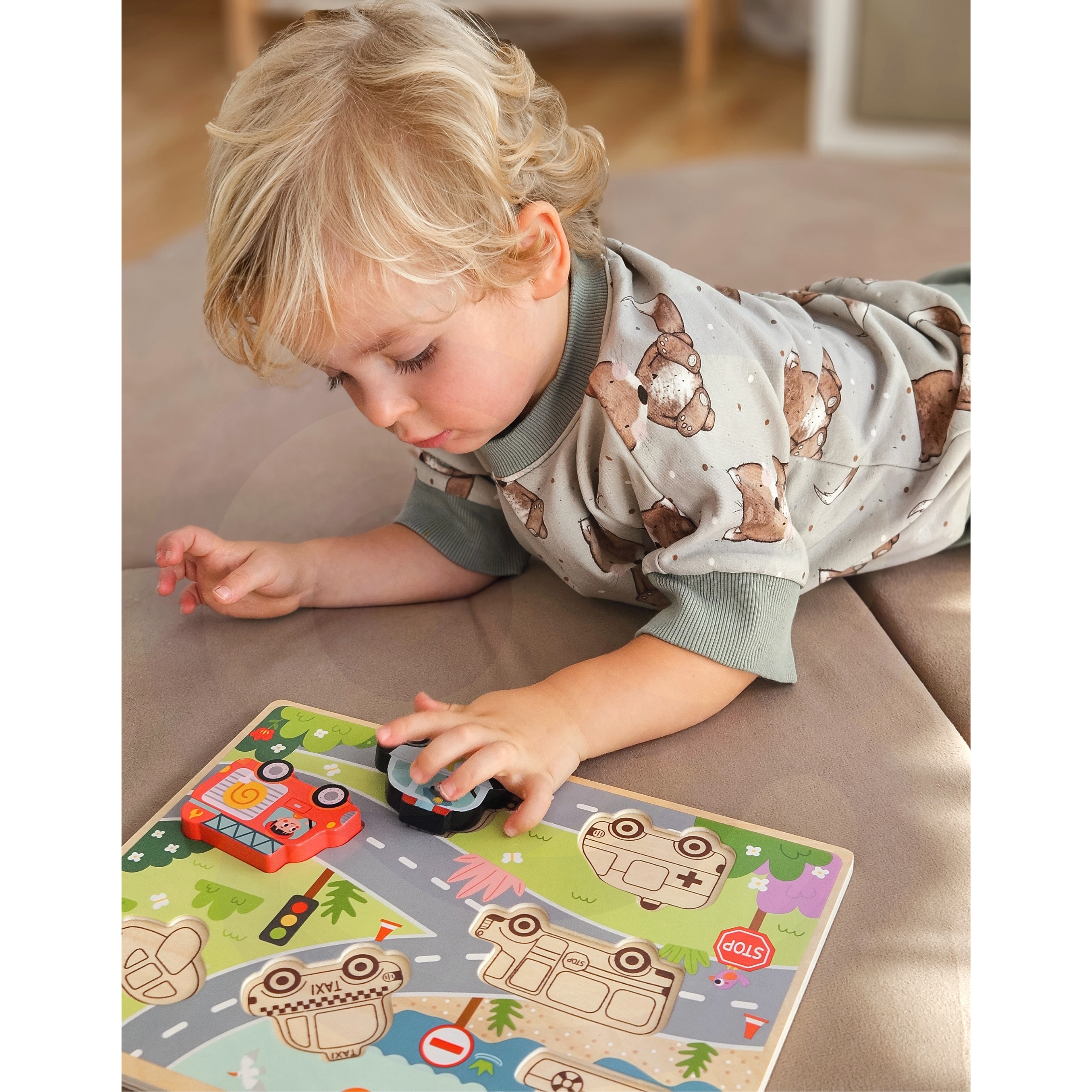 Drewniane puzzle montessori pojazdy samochody samolot statek miasto dopasuj kształty