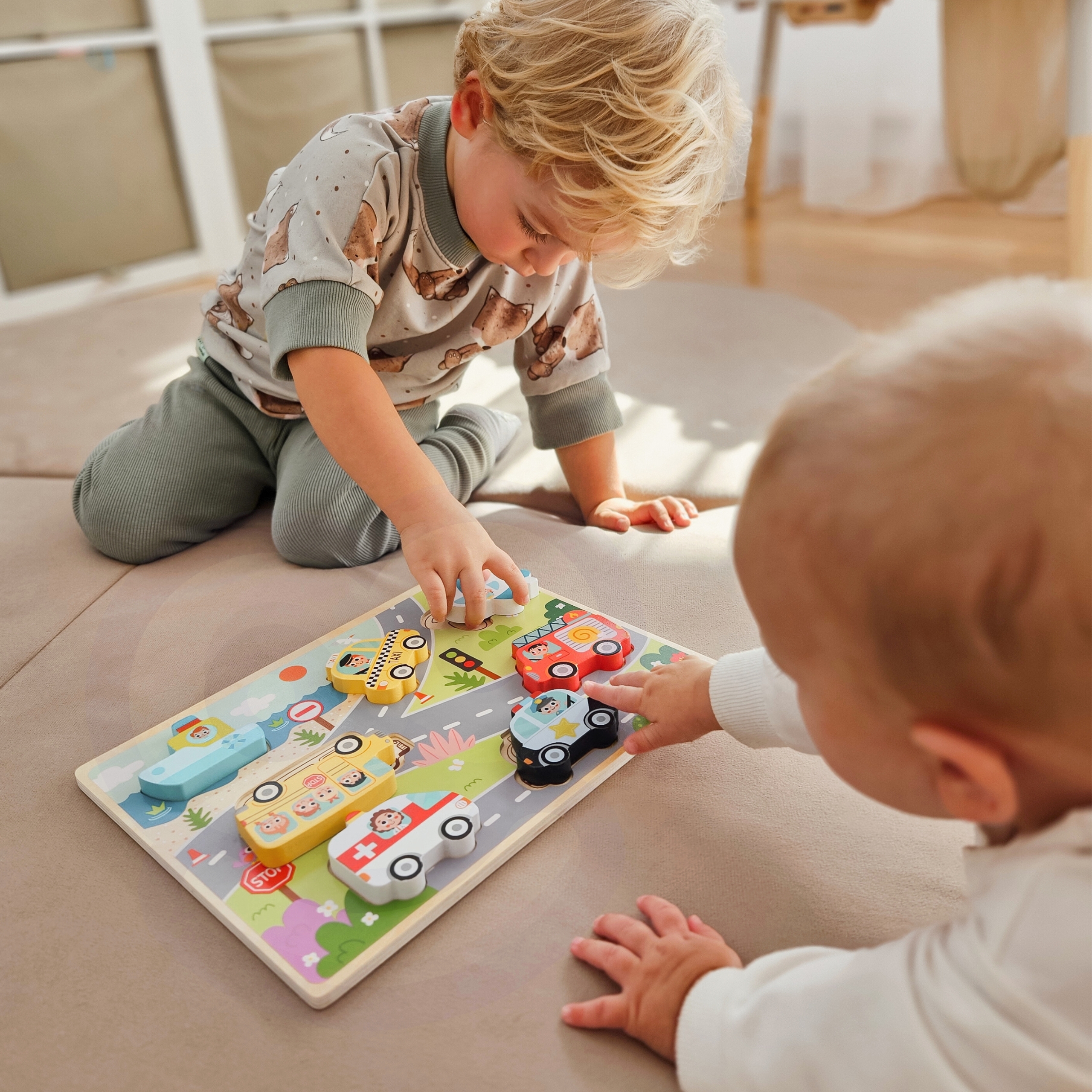 Drewniane puzzle montessori pojazdy samochody samolot statek miasto dopasuj kształty