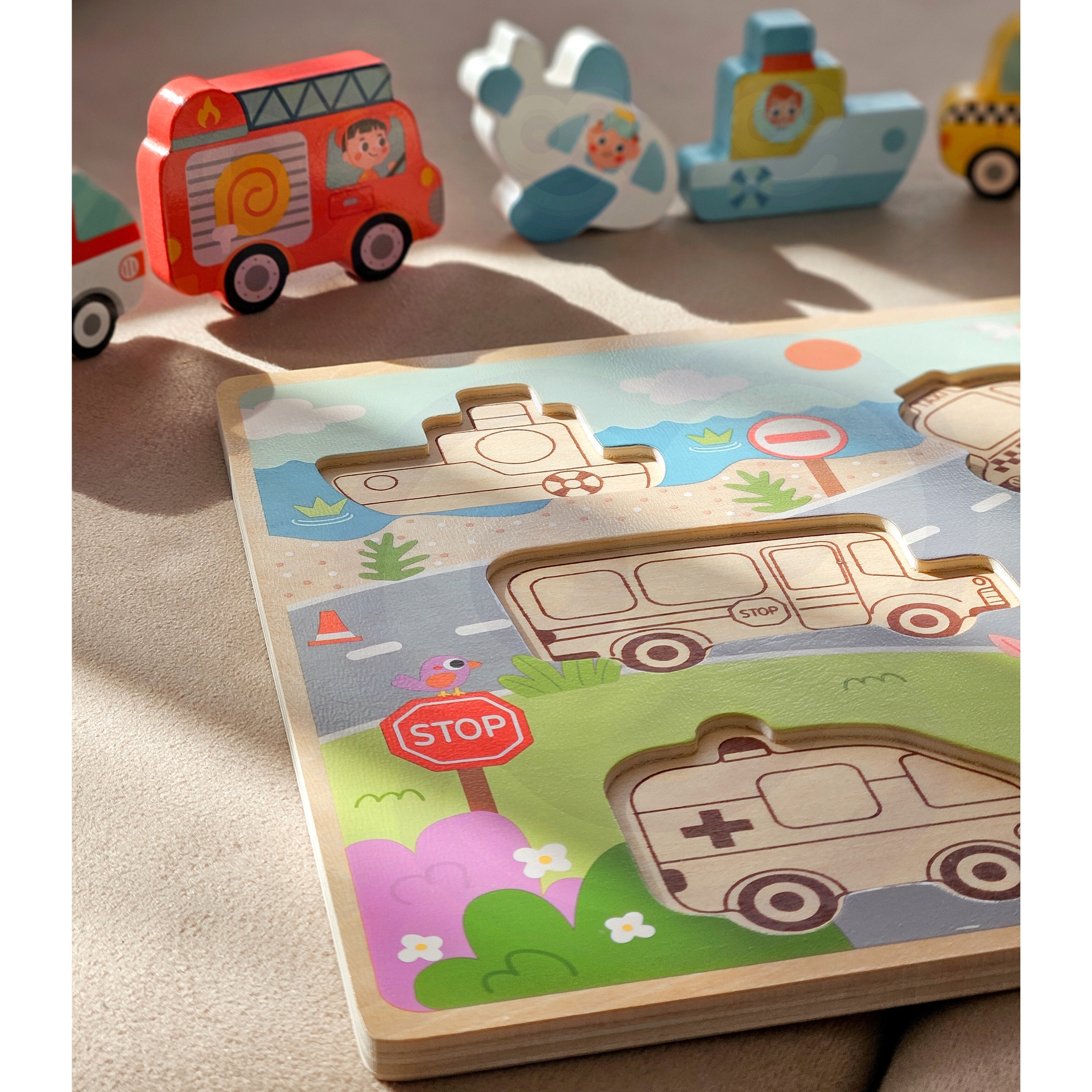 Drewniane puzzle montessori pojazdy samochody samolot statek miasto dopasuj kształty