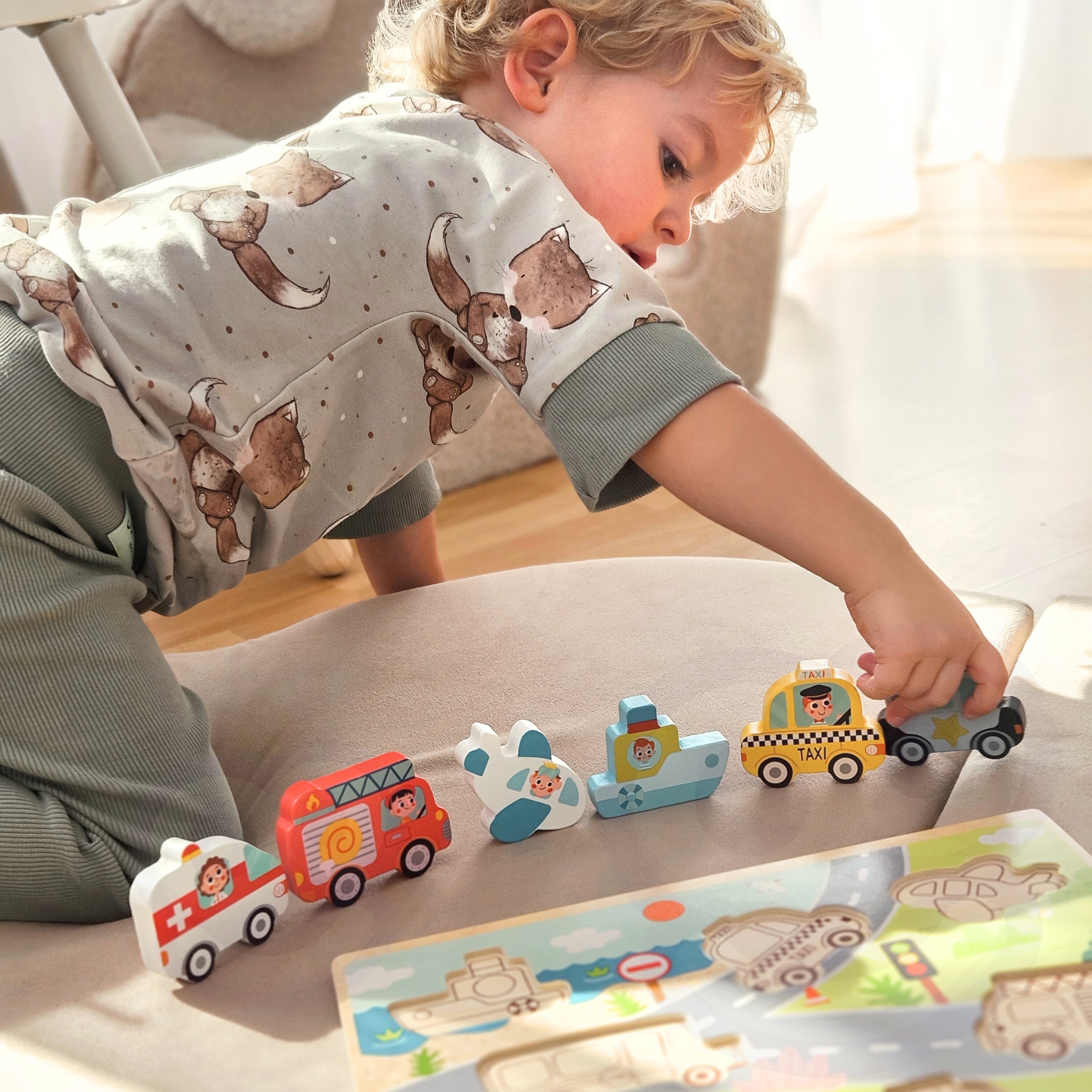Drewniane puzzle montessori pojazdy samochody samolot statek miasto dopasuj kształty